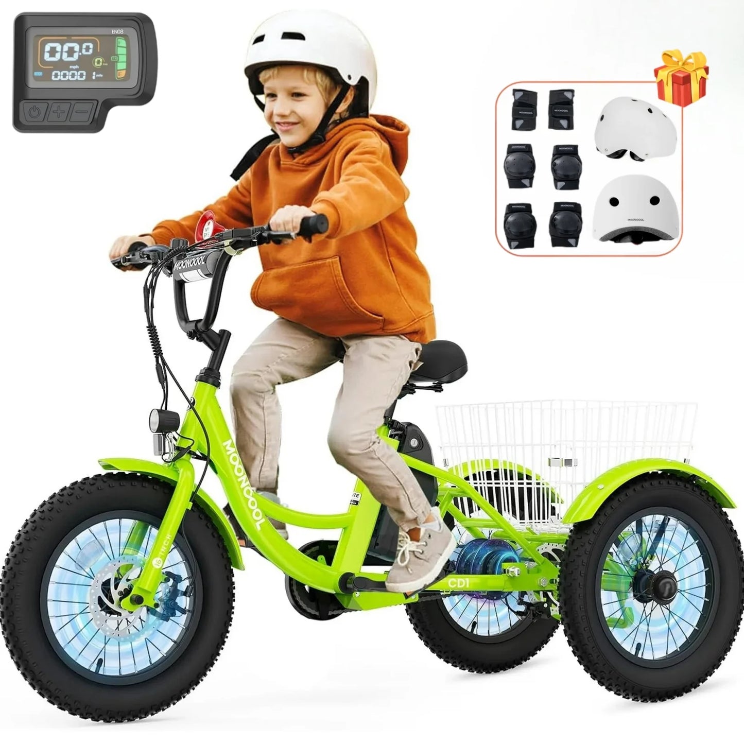 Lilypelle Electric Ride on tricycle for Kids , 6/9/12Mph Three Max Speed 250W Power trike w/ 24V 10.4Ah Battery, Headlights & Horn, Large Rear Basket ,2 sets of DIY stickers,16"x3" Wheel,30Miles