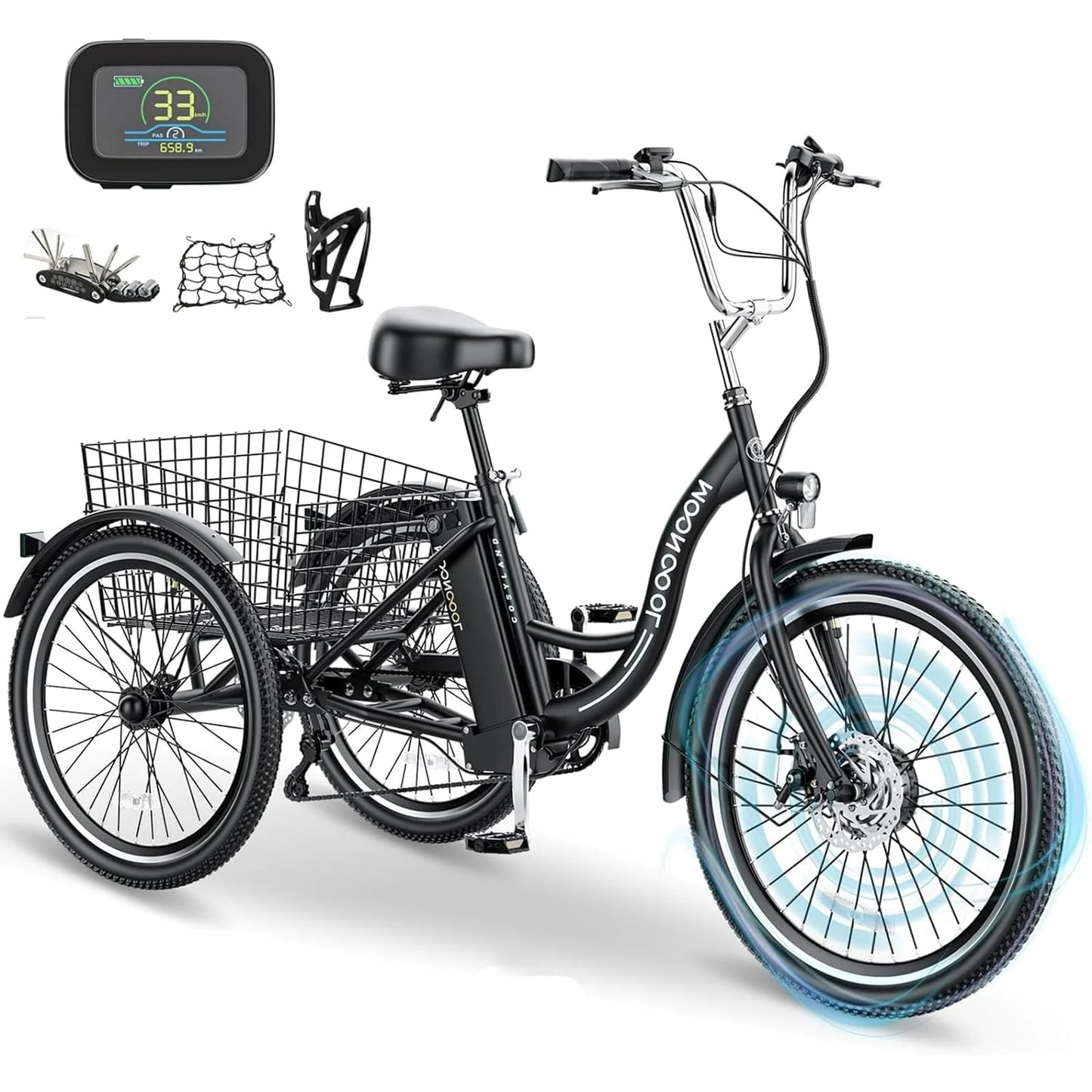 Lilypelle 24" 26" 3 Wheel Electric Tricycle for Adults, 350W 36V 7 Speeds Motorized Electric Trike Three Wheel Electric Bikes Bicycle with Large Basket for Women Men,Purple