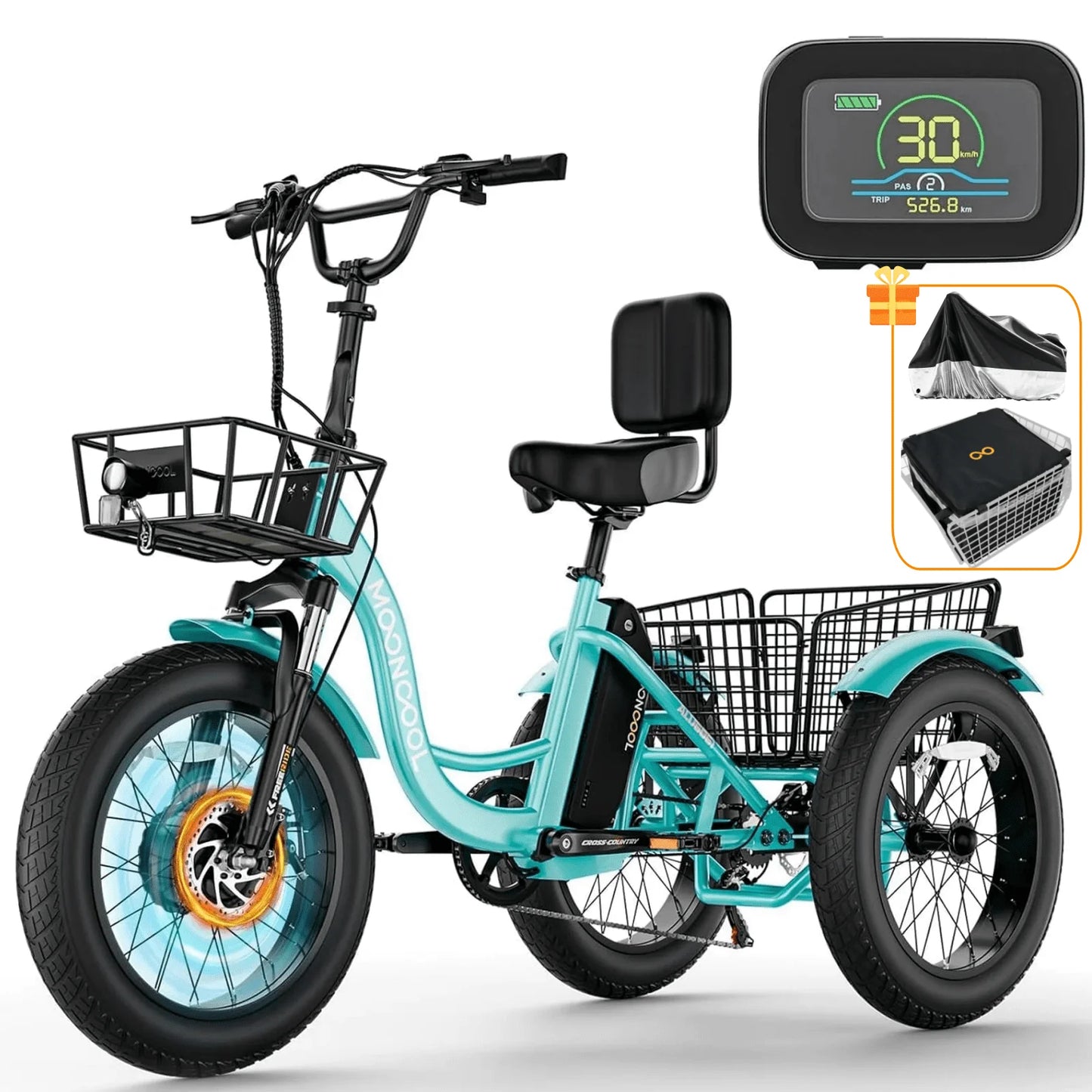 Lilypelle Electric Tricycle for Adults,15.5MPH 500W 48V 14.5Ah Lithium Battery UL Certified, 7-Speed Aluminum Ebike 3 Wheels Bike with Front & Rear Baskets，20x4in Fat Tire E-Trike