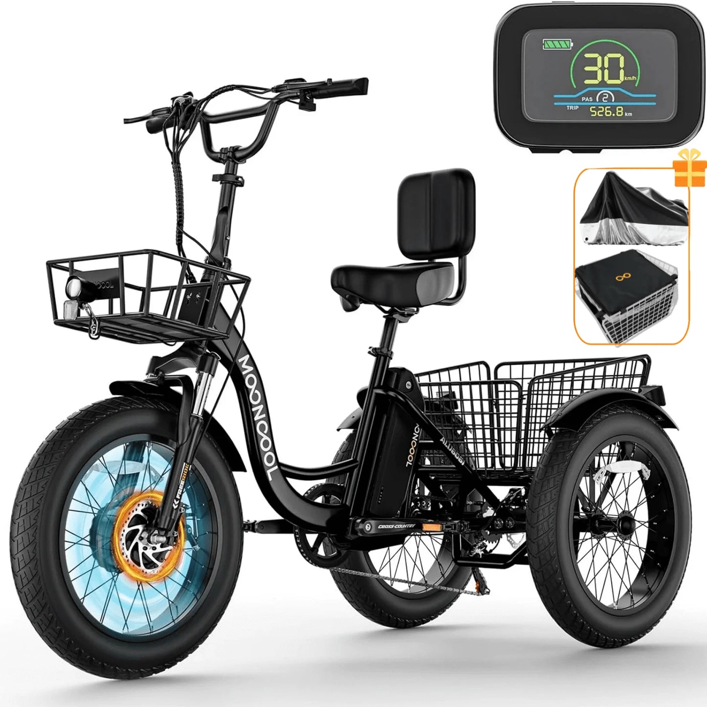 Lilypelle Electric Tricycle for Adults,15.5MPH 500W 48V 14.5Ah Lithium Battery UL Certified, 7-Speed Aluminum Ebike 3 Wheels Bike with Front & Rear Baskets，20x4in Fat Tire E-Trike