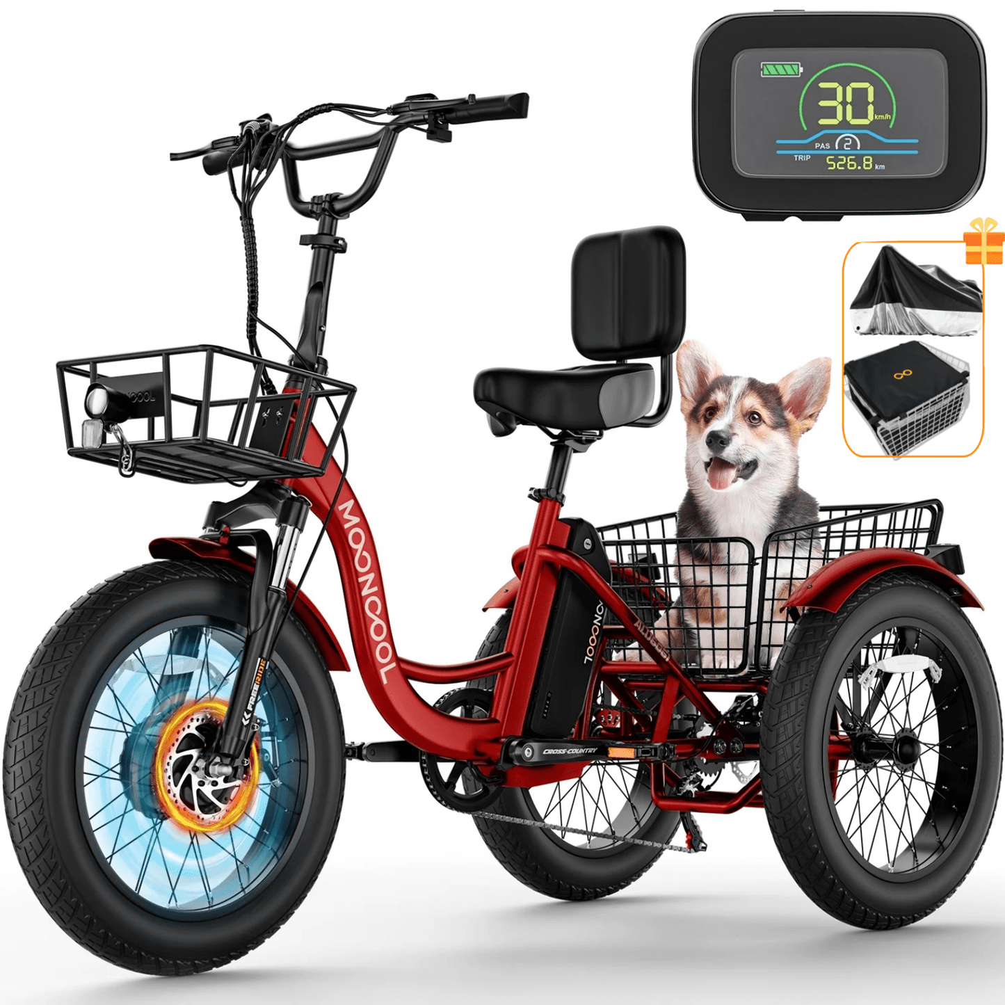 Lilypelle Electric Tricycle for Adults,15.5MPH 500W 48V 14.5Ah Lithium Battery UL Certified, 7-Speed Aluminum Ebike 3 Wheels Bike with Front & Rear Baskets，20x4in Fat Tire E-Trike