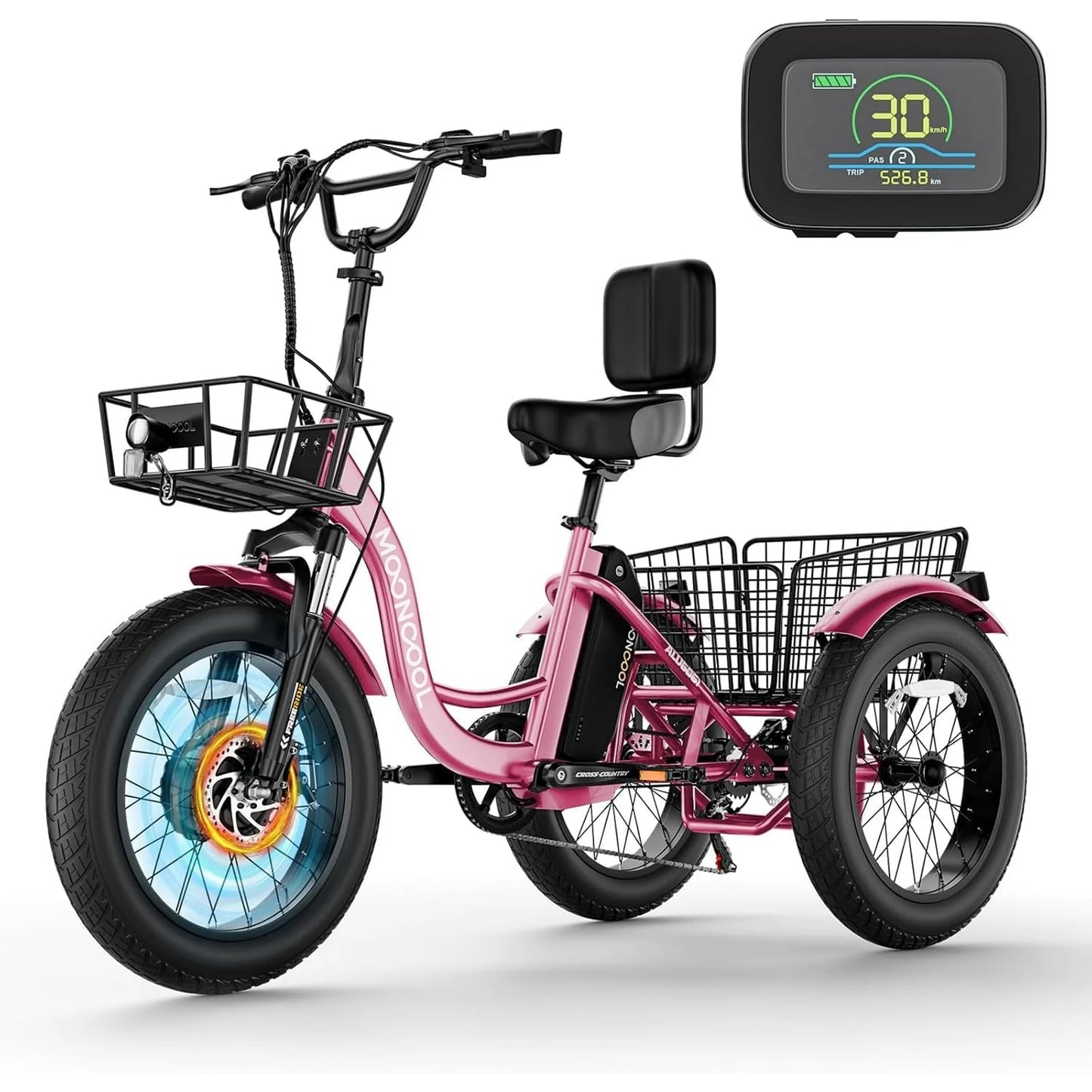 Lilypelle Electric Tricycle for Adults,15.5MPH 500W 48V 14.5Ah Lithium Battery UL Certified, 7-Speed Aluminum Ebike 3 Wheels Bike with Front & Rear Baskets，20x4in Fat Tire E-Trike