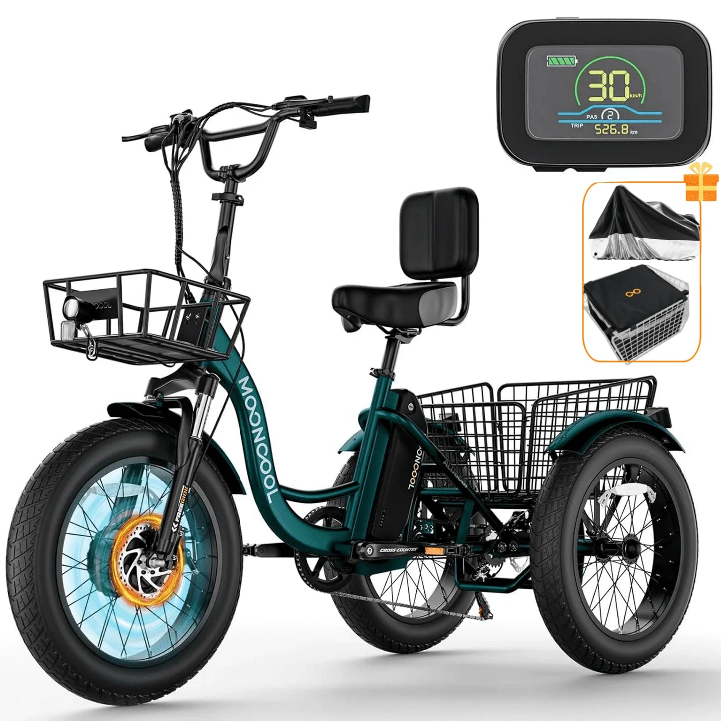 Lilypelle Electric Tricycle for Adults,15.5MPH 500W 48V 14.5Ah Lithium Battery UL Certified, 7-Speed Aluminum Ebike 3 Wheels Bike with Front & Rear Baskets，20x4in Fat Tire E-Trike