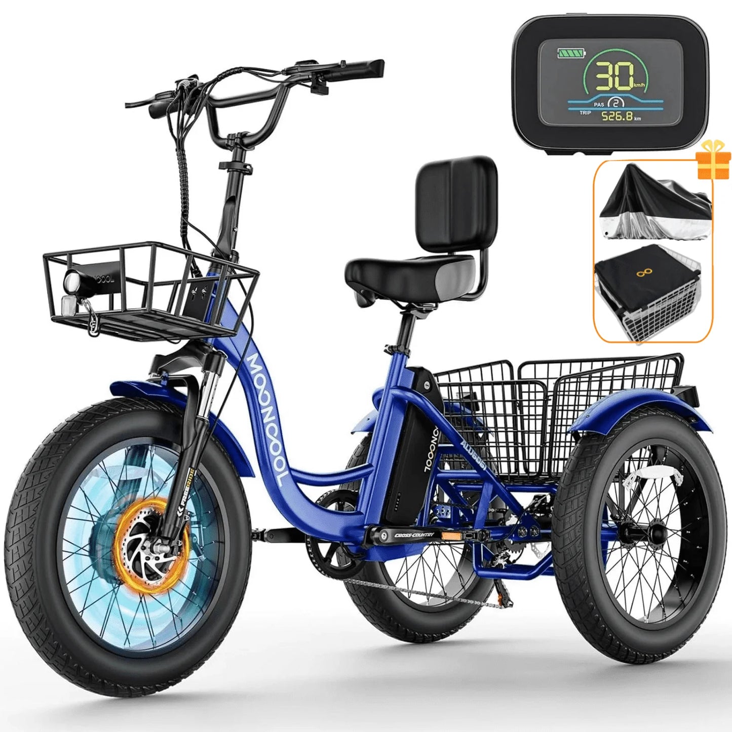 Lilypelle Electric Tricycle for Adults,15.5MPH 500W 48V 14.5Ah Lithium Battery UL Certified, 7-Speed Aluminum Ebike 3 Wheels Bike with Front & Rear Baskets，20x4in Fat Tire E-Trike