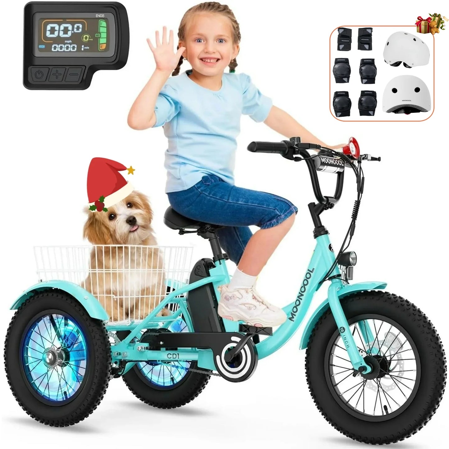 Lilypelle Electric tricycle for Kids , 6/9/12Mph three wheel electric bike w/ 250W motor，24V 10.4Ah Battery, Headlights & Horn, Large Rear Basket ,2 sets of DIY stickers,16"x3" Wheel,30Miles