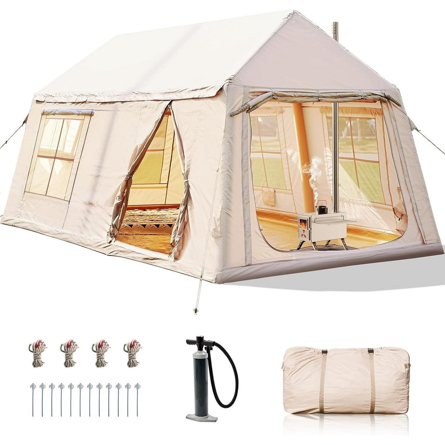 Lilypelle 8-10 Person Blow Up Inflatable Tent, 2 Room Hot Tent with Stove Jack & AC Port, Large Camping Tent with Hand Pump, Waterproof Inflatable House for Family Glamping