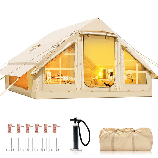 Lilypelle Inflatable Tents for Camping, 4-6 Person Blow Up Tent with Hand Pump, Waterproof Oxford Air Tent with Mesh & Chimney Window, Glamping Hot Tent with Stove Jack