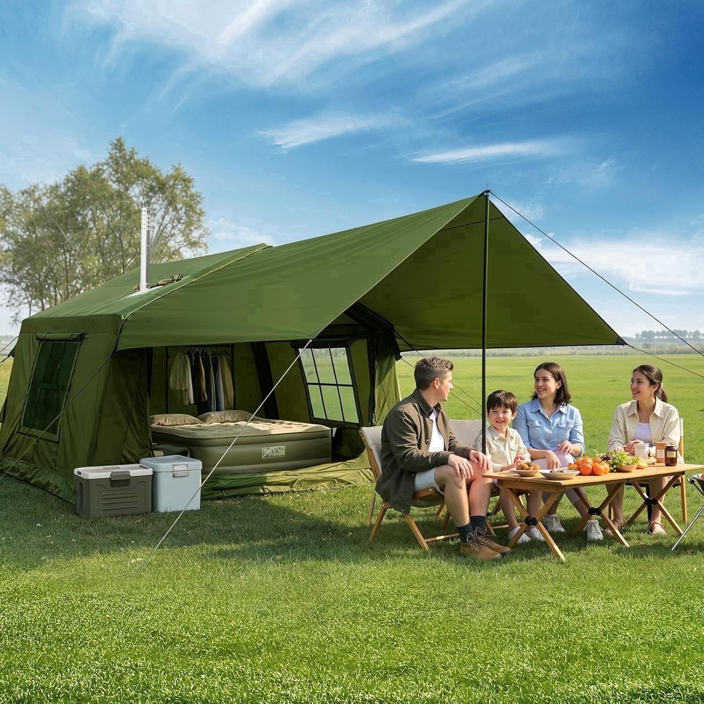 Lilypelle 4-6 Person Blow Up Inflatable Tent w/ Canopy,10.5ft x 8.2ft x 6.9ft Hot Tent w/ Stove Jack, Easy Setup Air Camping Tent w/ Hand Pump, Waterproof Inflatable House for Family Glamping，Green