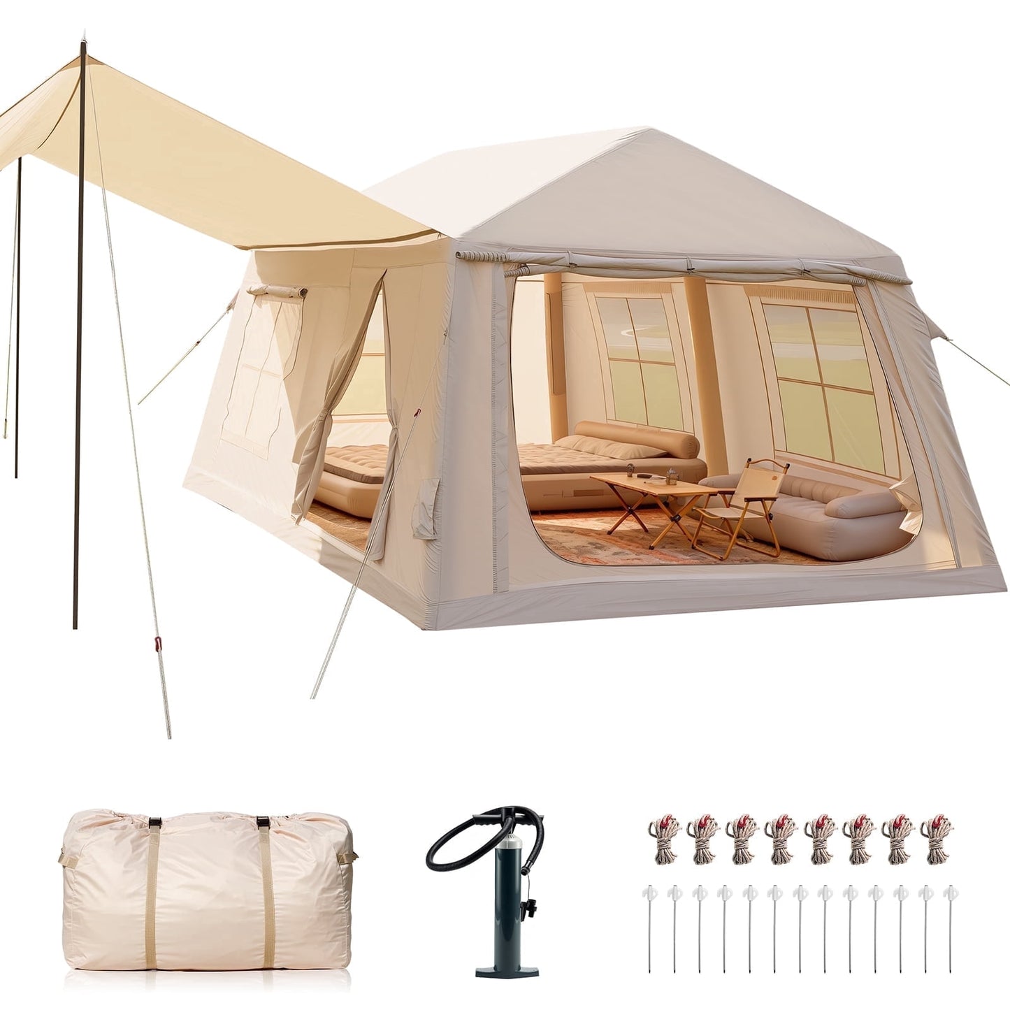 Lilypelle 8-10 Person Blow Up Inflatable Tent, with Removable Canopy and Stove Jack, 2 Room Instant Setup Air Cabin, Waterproof Oxford Hot Camping Tent for Family Glamping，2 Room Tent + Canopy - 13ft X 9ft X 6.5ft
