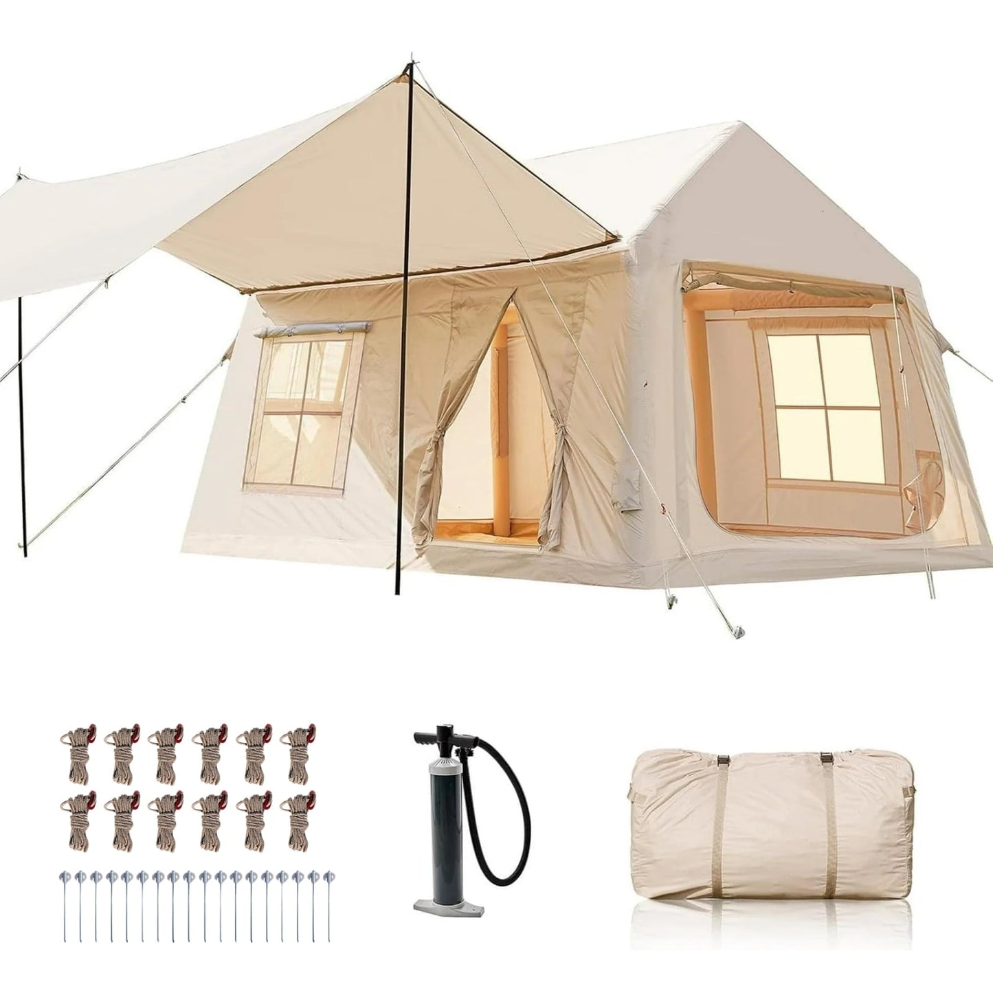 Lilypelle 8-10 Person Blow Up Inflatable Tent, with Removable Canopy and Stove Jack, 2 Room Instant Setup Air Cabin, Waterproof Oxford Hot Camping Tent for Family Glamping,13ft X 9ft X 6.5ft