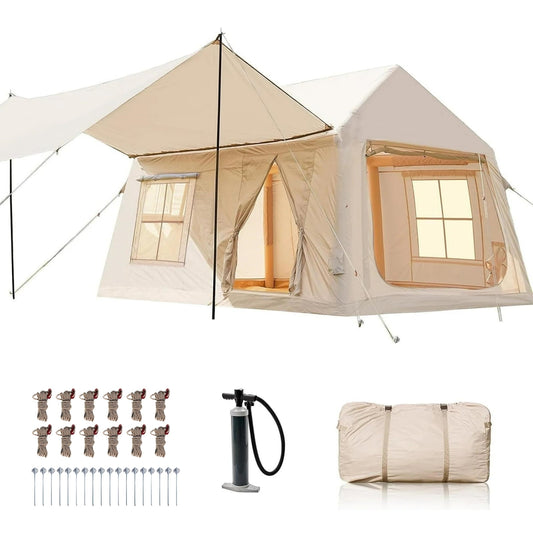 Lilypelle 8-10 Person Blow Up Inflatable Tent, with Removable Canopy and Stove Jack, 2 Room Instant Setup Air Cabin, Waterproof Oxford Hot Camping Tent for Family Glamping,13ft X 9ft X 6.5ft