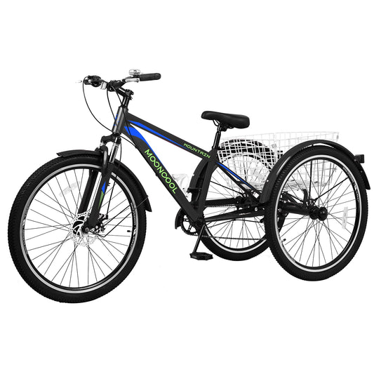 Lilypelle Mountain Tricycle for Adults, MTB 7 Speed Three Wheel Bike, Trike with Cargo Basket & Disc Brake for Women, Men, Seniors