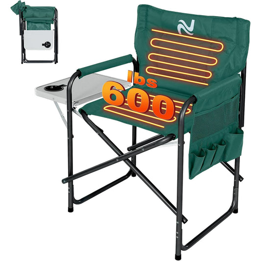 Lilypelle Oversized Heated Camping Chair, Portable Directors Chair with 3 Heat Levels, Heavy Duty Outdoor Heating Folding Chair Camp with Side Table, Pocket for Camping, Fishing, Picnic