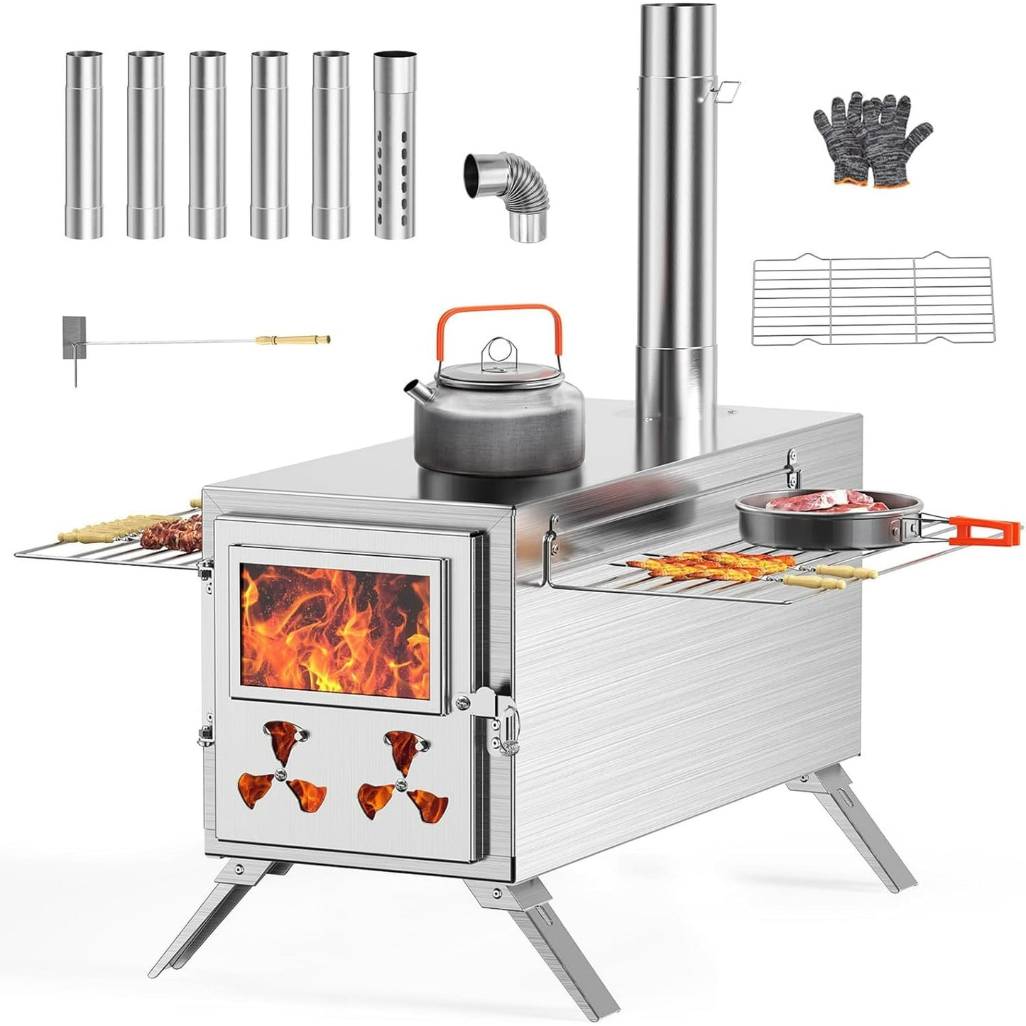 Lilypelle Portable Wood Stove Camping Hot Tent BBQ Stove with 7 Chimney Pipe for Tents, Travel, Camping, Cooking, Ice Fishing, Hunting, Boiling Water - Large（18" x 9.8" x 10.6"）