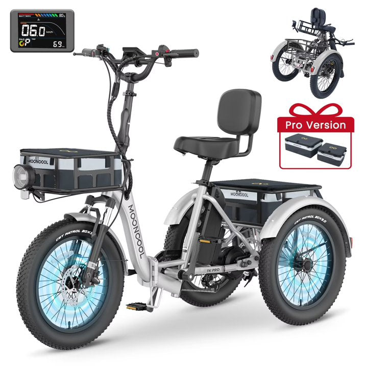 Lilypelle TK Pro Folding Electric Tricycle with Rack Bags , 6-Speed Peak 1500W Motor 48V Electric Trike for Adults, 20" Fat Tire 3 Wheel Electric Bicycle with Front & Rear Baskets