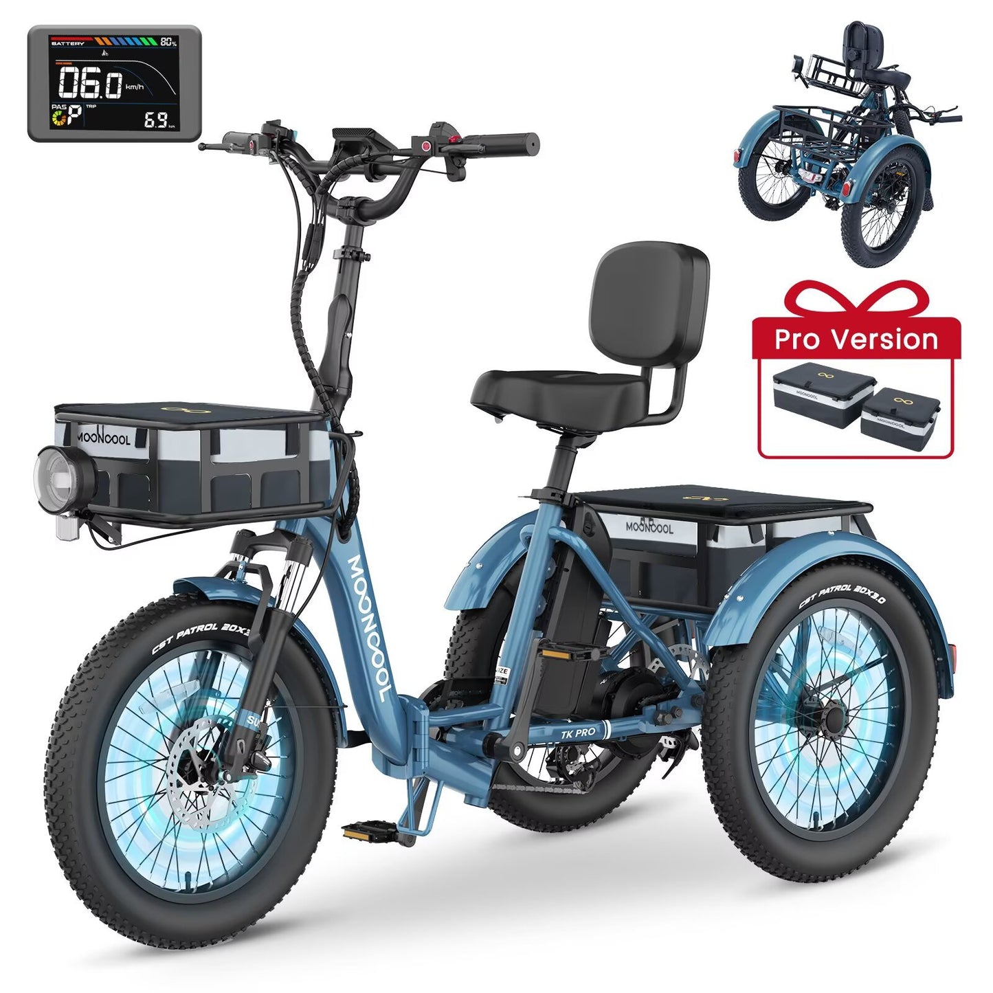 Lilypelle TK Pro Folding Electric Tricycle with Rack Bags , 6-Speed Peak 1500W Motor 48V Electric Trike for Adults, 20" Fat Tire 3 Wheel Electric Bicycle with Front & Rear Baskets