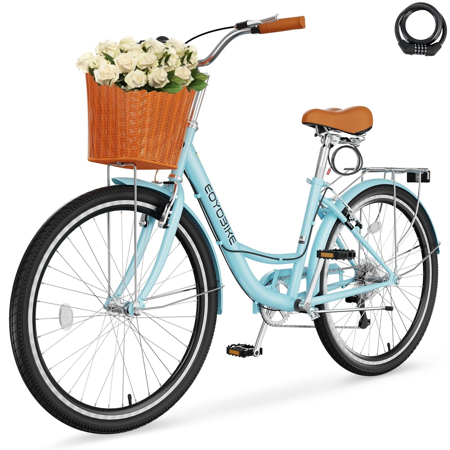 Lilypelle Womens Bike, 7 Speed Bike for Adults Women 24 26 inch with Ratten Basket & Rack, Beach Cruiser Bike for Women, Womens Bicycle for Commuting, Step Through City Bikes for Women Adults Ladies