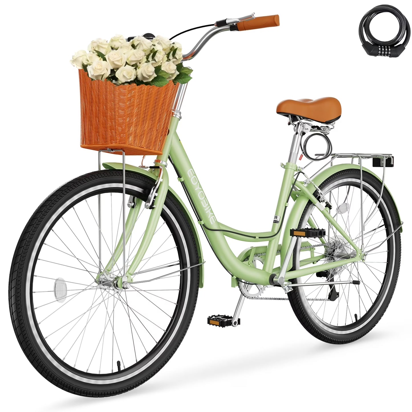 Lilypelle Womens Bike, 7 Speed Bike for Adults Women 24 26 inch with Ratten Basket & Rack, Beach Cruiser Bike for Women, Womens Bicycle for Commuting, Step Through City Bikes for Women Adults Ladies
