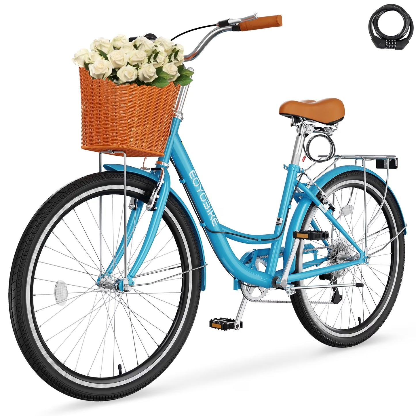 Lilypelle Womens Bike, 7 Speed Bike for Adults Women 24 26 inch with Ratten Basket & Rack, Beach Cruiser Bike for Women, Womens Bicycle for Commuting, Step Through City Bikes for Women Adults Ladies