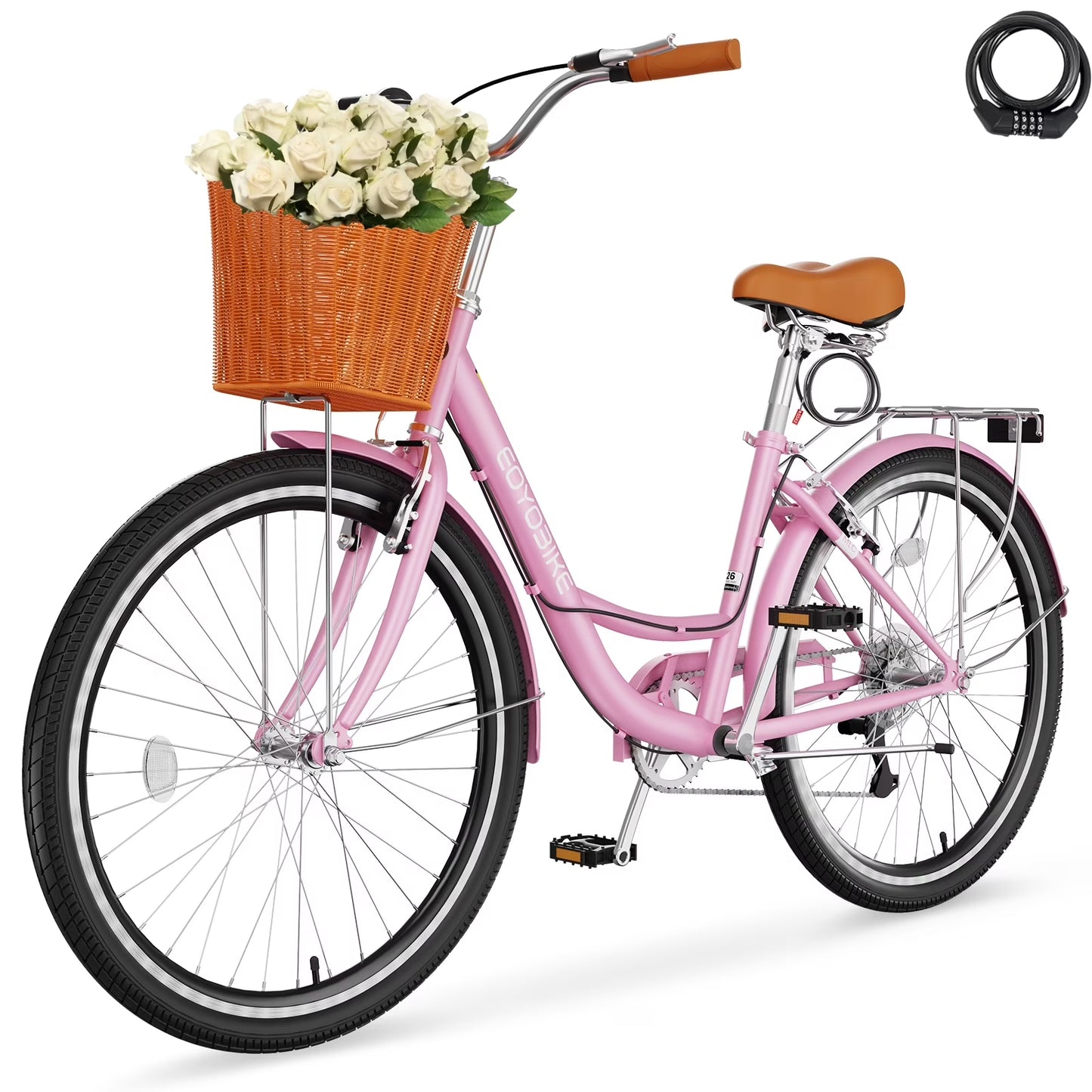 Lilypelle Womens Bike, 7 Speed Bike for Adults Women 24 26 inch with Ratten Basket & Rack, Beach Cruiser Bike for Women, Womens Bicycle for Commuting, Step Through City Bikes for Women Adults Ladies