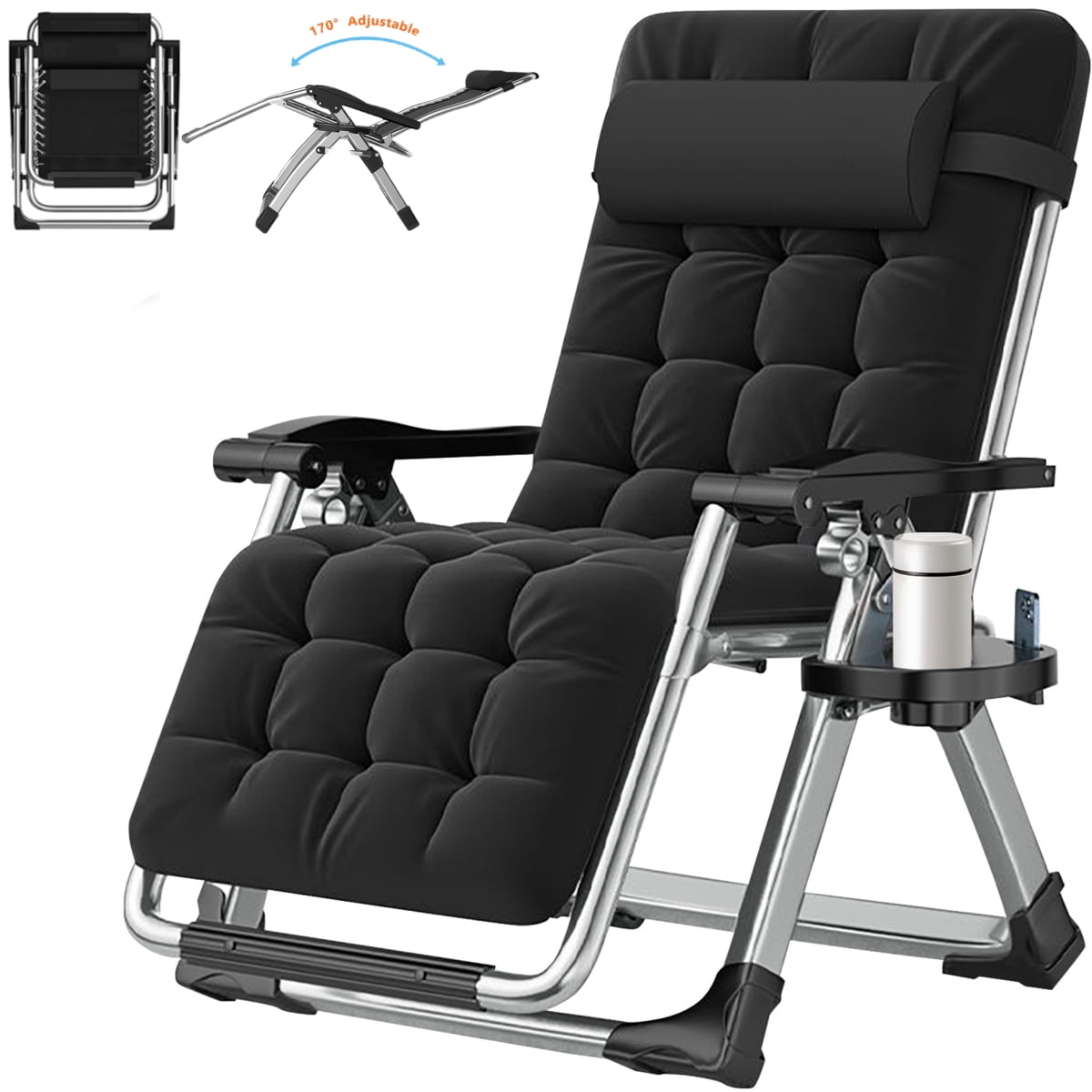 Lilypelle Zero Gravity Chair, Folding Adjustable Reclining Lounge Chair with Removable Cushion, Headrest and Cup Holder, Supports up to 440lbs，Black