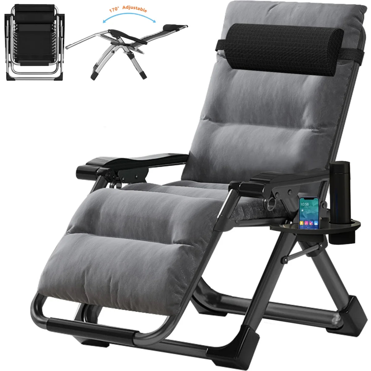 Lilypelle Zero Gravity Chair, Folding Adjustable Reclining Lounge Chair with Removable Cushion, Headrest and Cup Holder, Supports up to 440lbs，Black