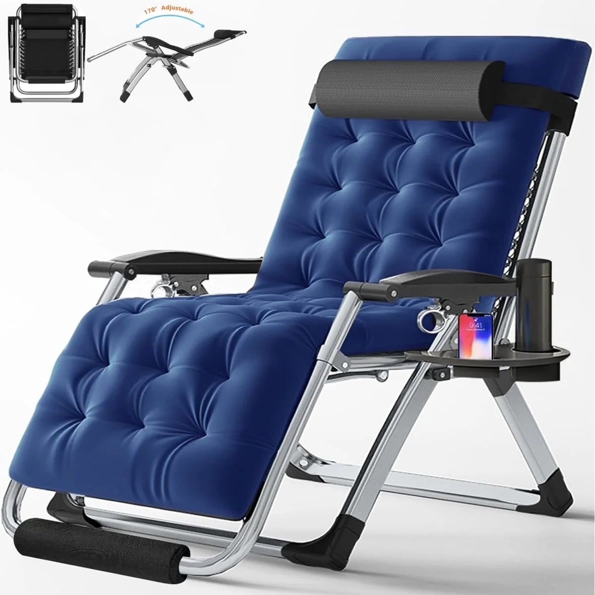 Lilypelle Zero Gravity Chair, Folding Adjustable Reclining Lounge Chair with Removable Cushion, Headrest and Cup Holder, Supports up to 440lbs，Black