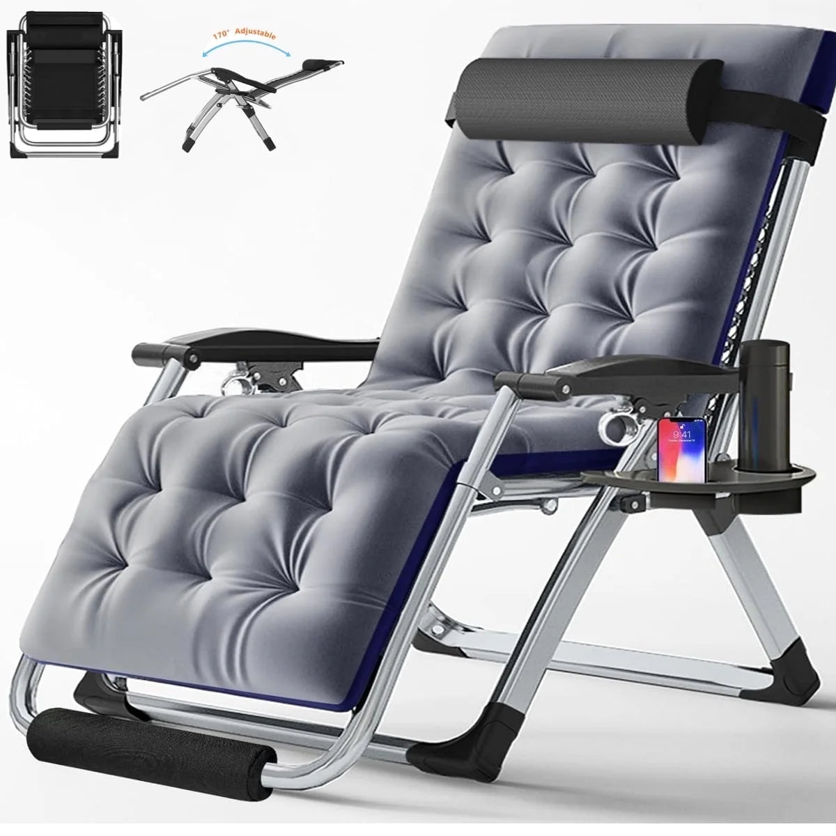 Lilypelle Zero Gravity Chair, Folding Adjustable Reclining Lounge Chair with Removable Cushion, Headrest and Cup Holder, Supports up to 440lbs，Black