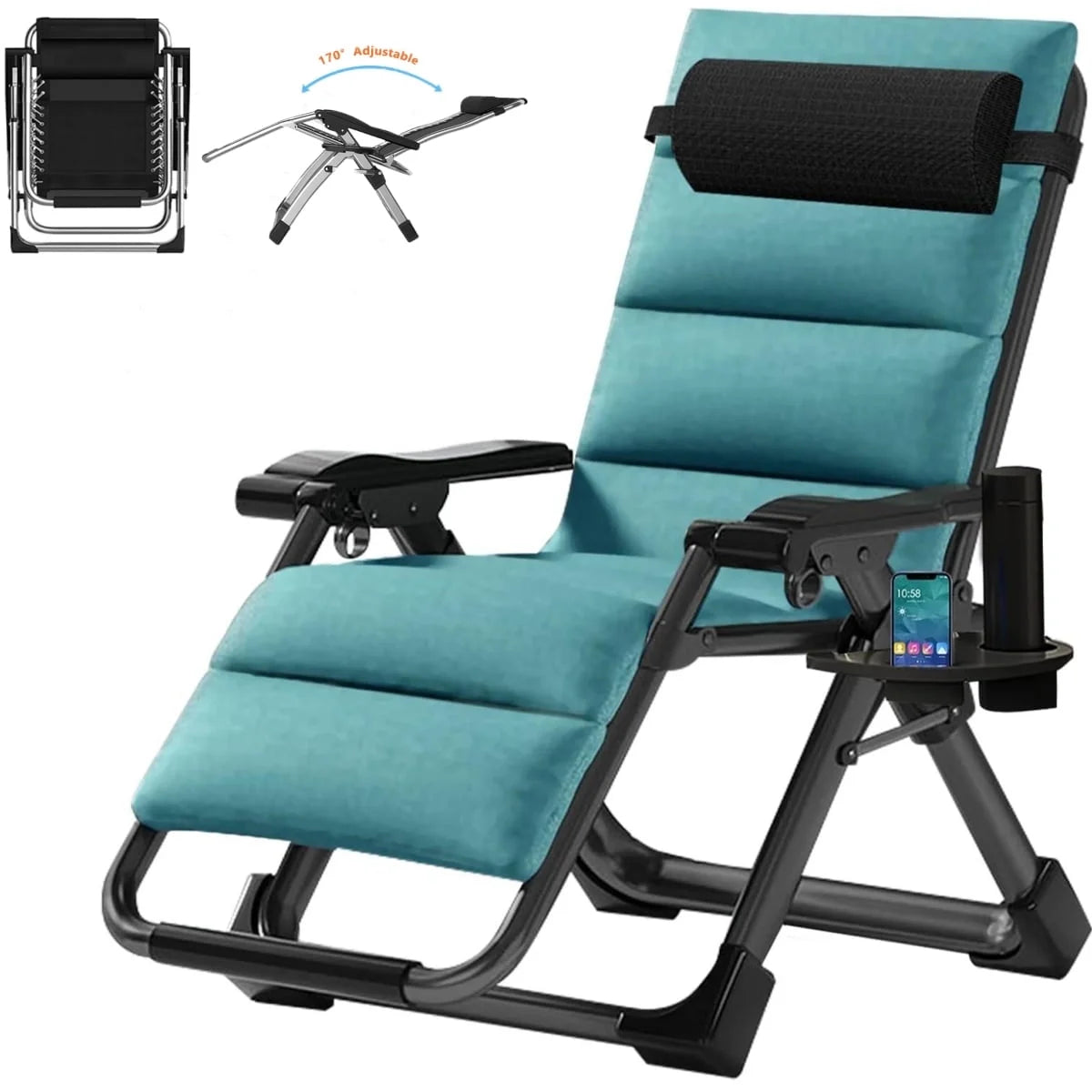 Lilypelle Zero Gravity Chair, Folding Adjustable Reclining Lounge Chair with Removable Cushion, Headrest and Cup Holder, Supports up to 440lbs，Black