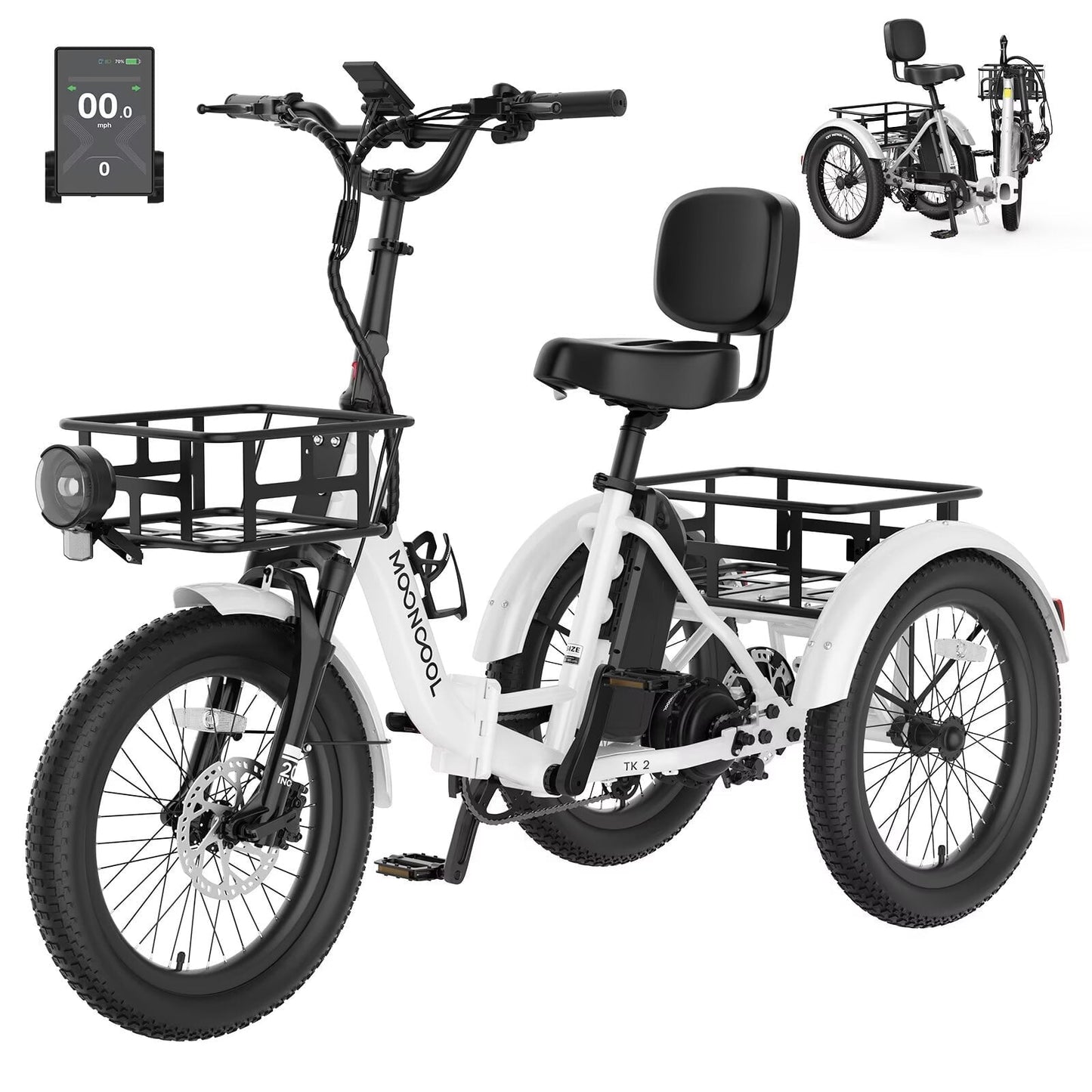 MOONCOOL TK2 Adult Electric Tricycle with Reverse, 48V 15Ah Removable Battery, Peak 1000W Motor, 20x3.0" Fat Tire, 60-Mile Range, 15.5 MPH