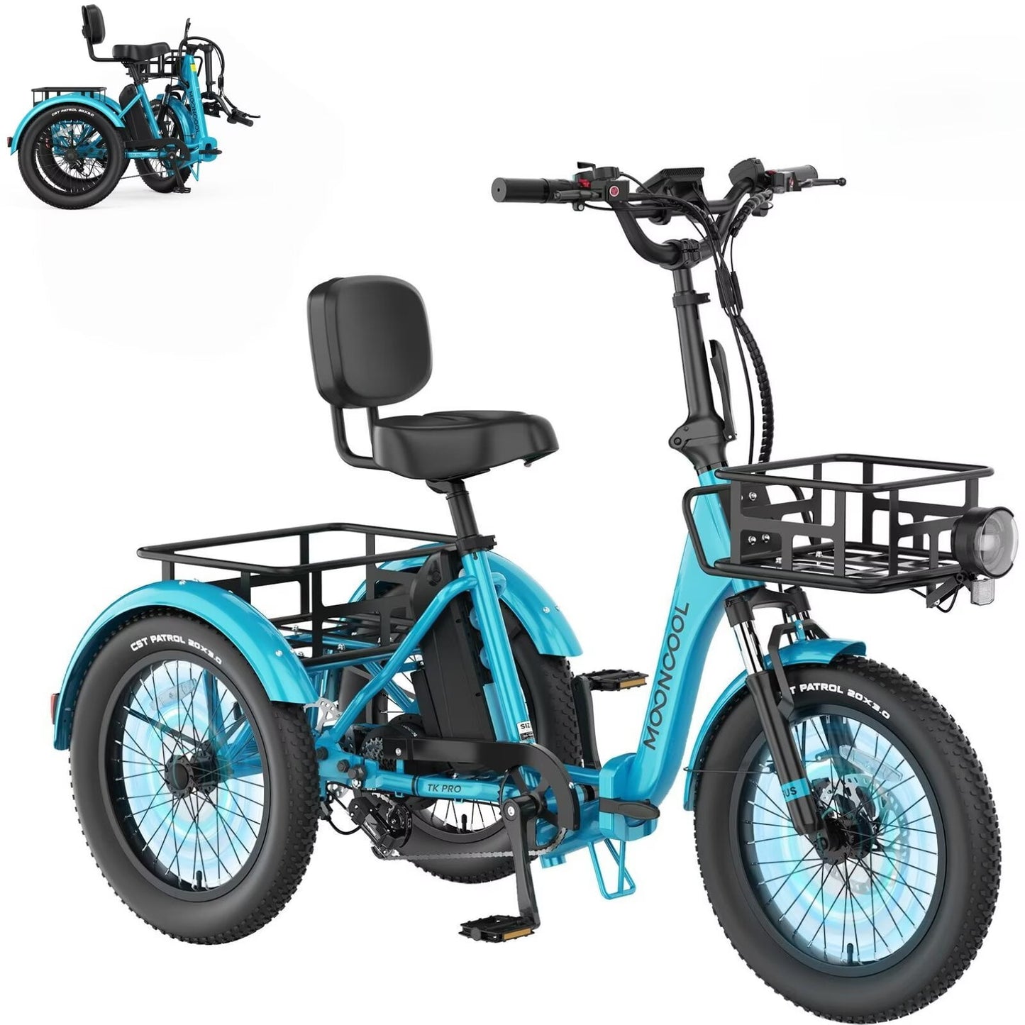 MOONCOOL TK Pro Electric Tricycle for Adults, 750W（Peak 1500W) Motor 48V 20Ah Battery, 20in Fat Tire Three Wheel Electric Bicycle , Foldable Electric Mountain Trike with Front & Rear Basket, UL2849