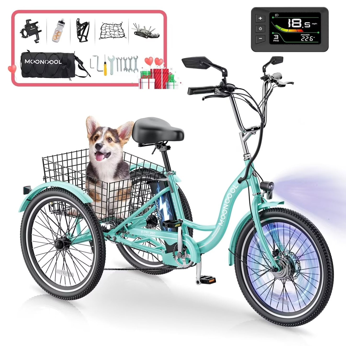 MOONCOOL 24'' Electric Tricycle for Adults, 350W 36V 7 Speeds Electric Trike, 3 Wheels Adult Electric Tricycle Bicycle with Large Basket & Tool Kits,UL2849