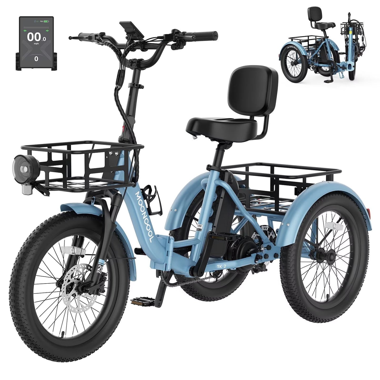 MOONCOOL TK2 Adult Electric Tricycle with Reverse, 48V 15Ah Removable Battery, Peak 1000W Motor, 20x3.0" Fat Tire, 60-Mile Range, 15.5 MPH