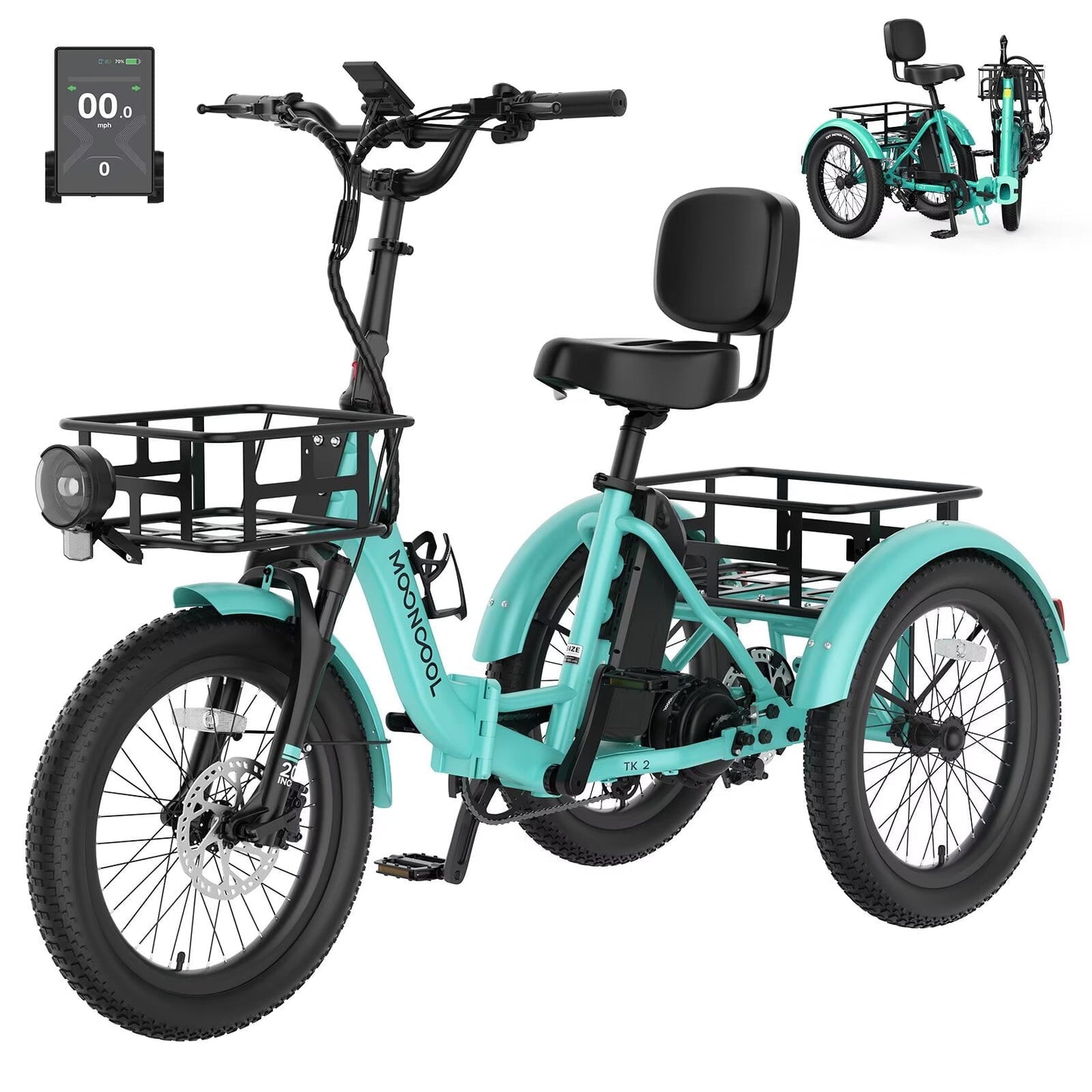 MOONCOOL TK2 Adult Electric Tricycle with Reverse, 48V 15Ah Removable Battery, Peak 1000W Motor, 20x3.0" Fat Tire, 60-Mile Range, 15.5 MPH