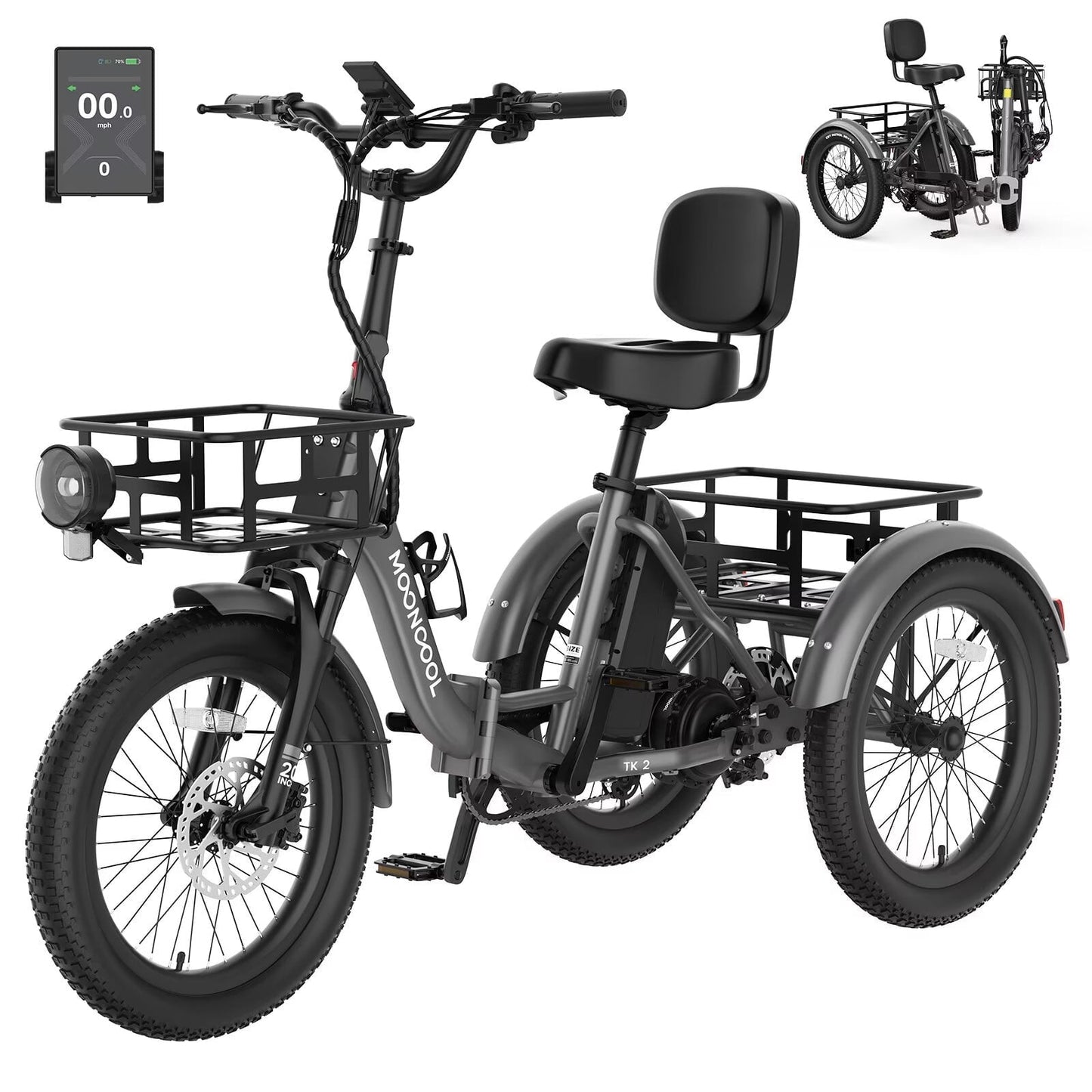 MOONCOOL TK2 Adult Electric Tricycle with Reverse, 48V 15Ah Removable Battery, Peak 1000W Motor, 20x3.0" Fat Tire, 60-Mile Range, 15.5 MPH