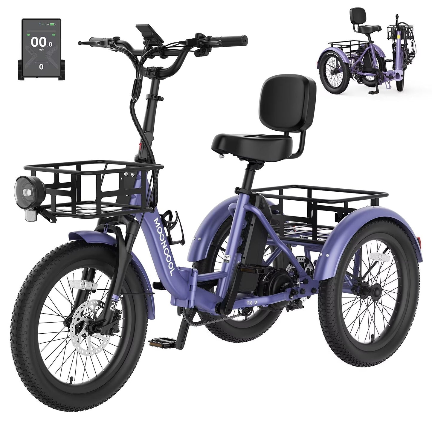 MOONCOOL TK2 Adult Electric Tricycle with Reverse, 48V 15Ah Removable Battery, Peak 1000W Motor, 20x3.0" Fat Tire, 60-Mile Range, 15.5 MPH