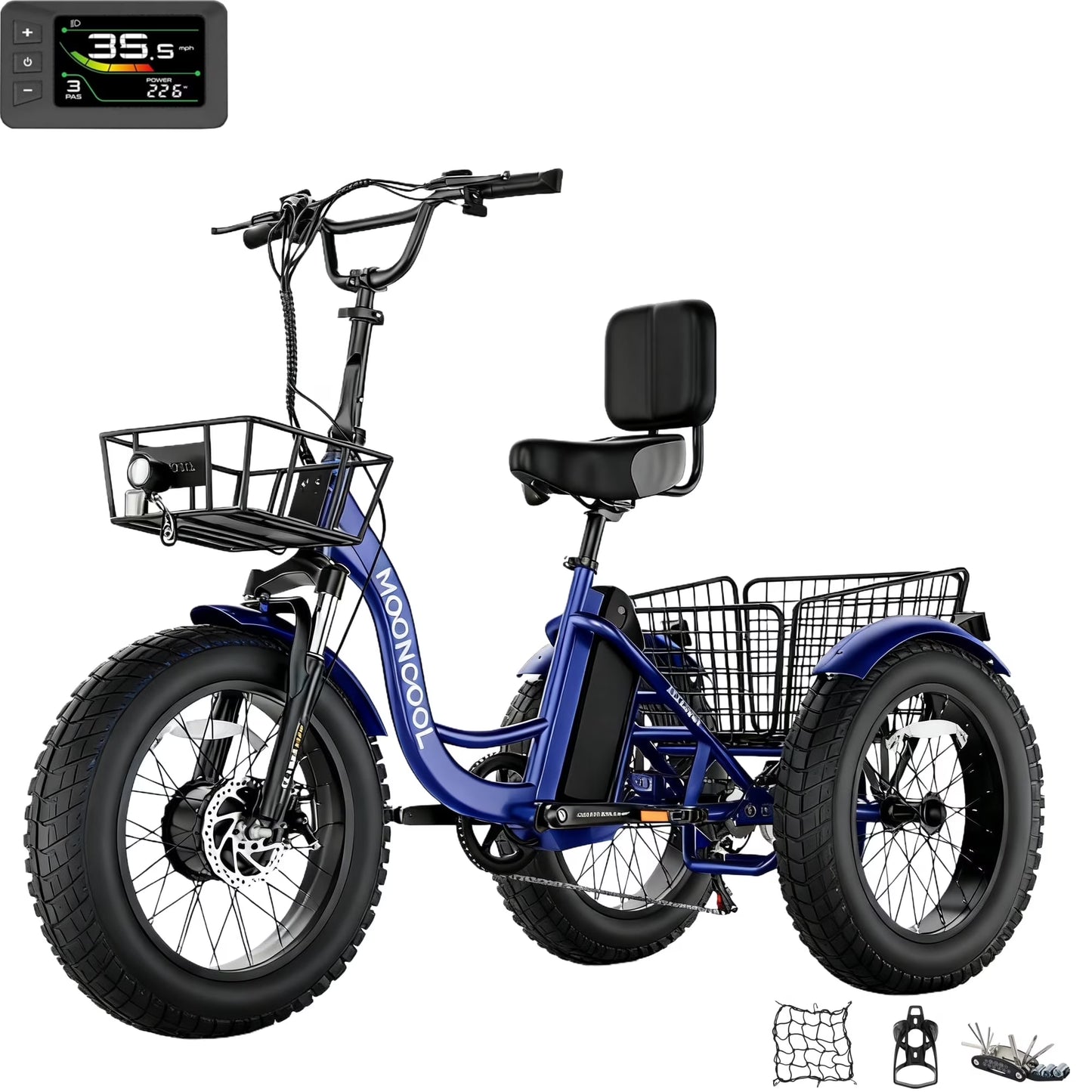MOONCOOL All-Terrain Electric Tricycle for Adults, 1100w Motor 48V 14.5Ah Battery,7-Speed 20" x 4.0" Fat Tire 3 Wheel Electric Bike , 25-60 miles
