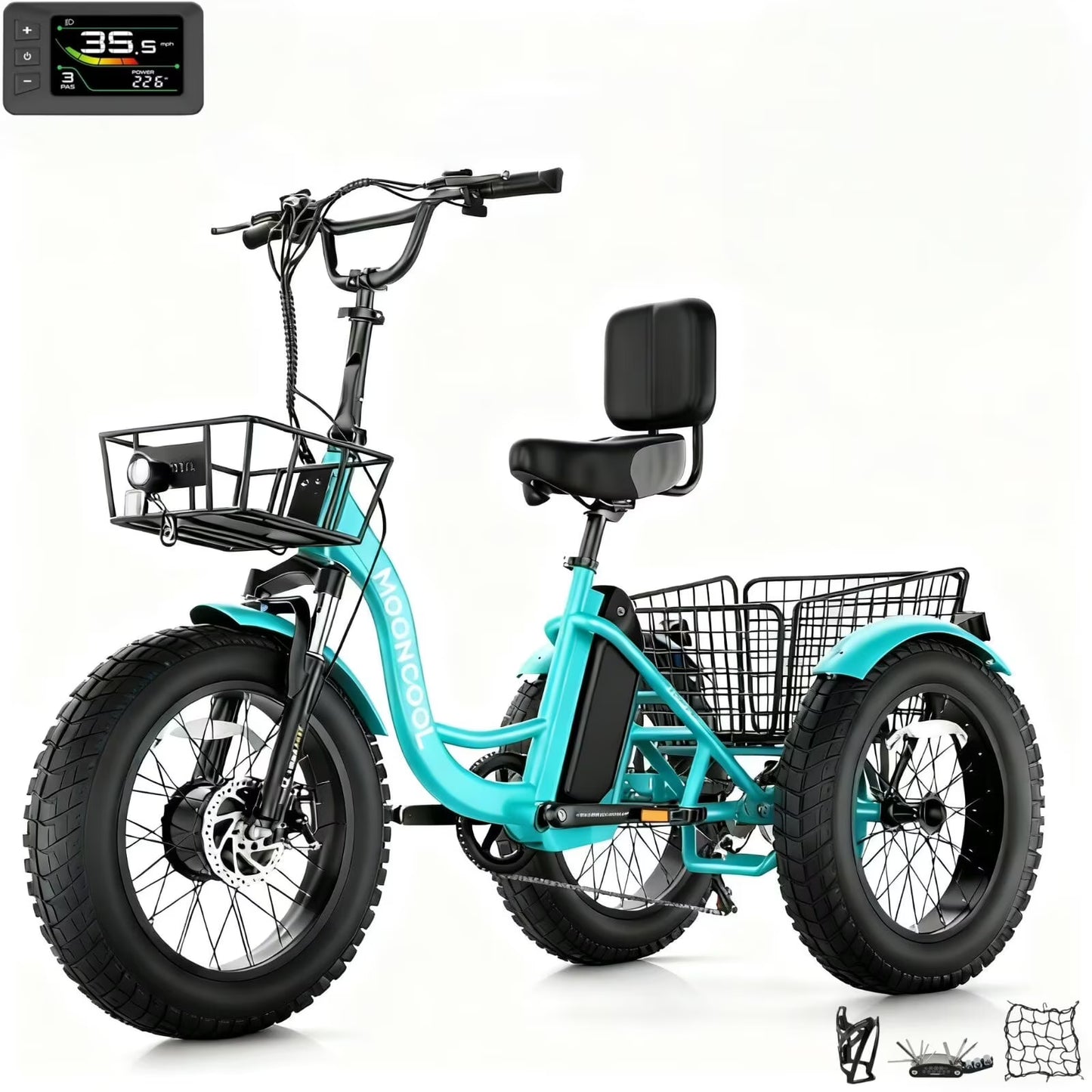 MOONCOOL All-Terrain Electric Tricycle for Adults, 1100w Motor 48V 14.5Ah Battery,7-Speed 20" x 4.0" Fat Tire 3 Wheel Electric Bike , 25-60 miles