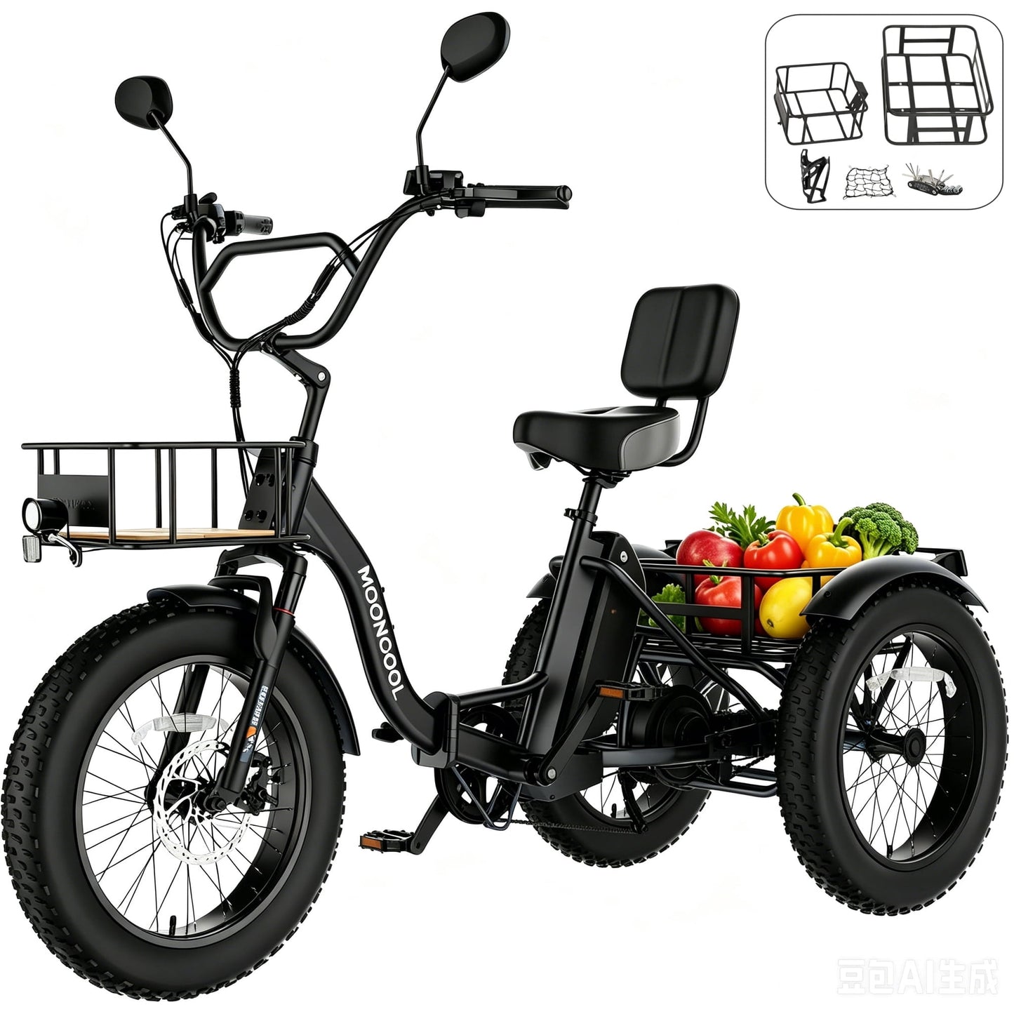 MOONCOOL All-Terrain Folding Electric Tricycle for Adults, 1100w Motor 48V 14.5Ah Battery,7-Speed 20" x 4.0" Fat Tire 3 Wheel Electric Bike , 25-60 miles
