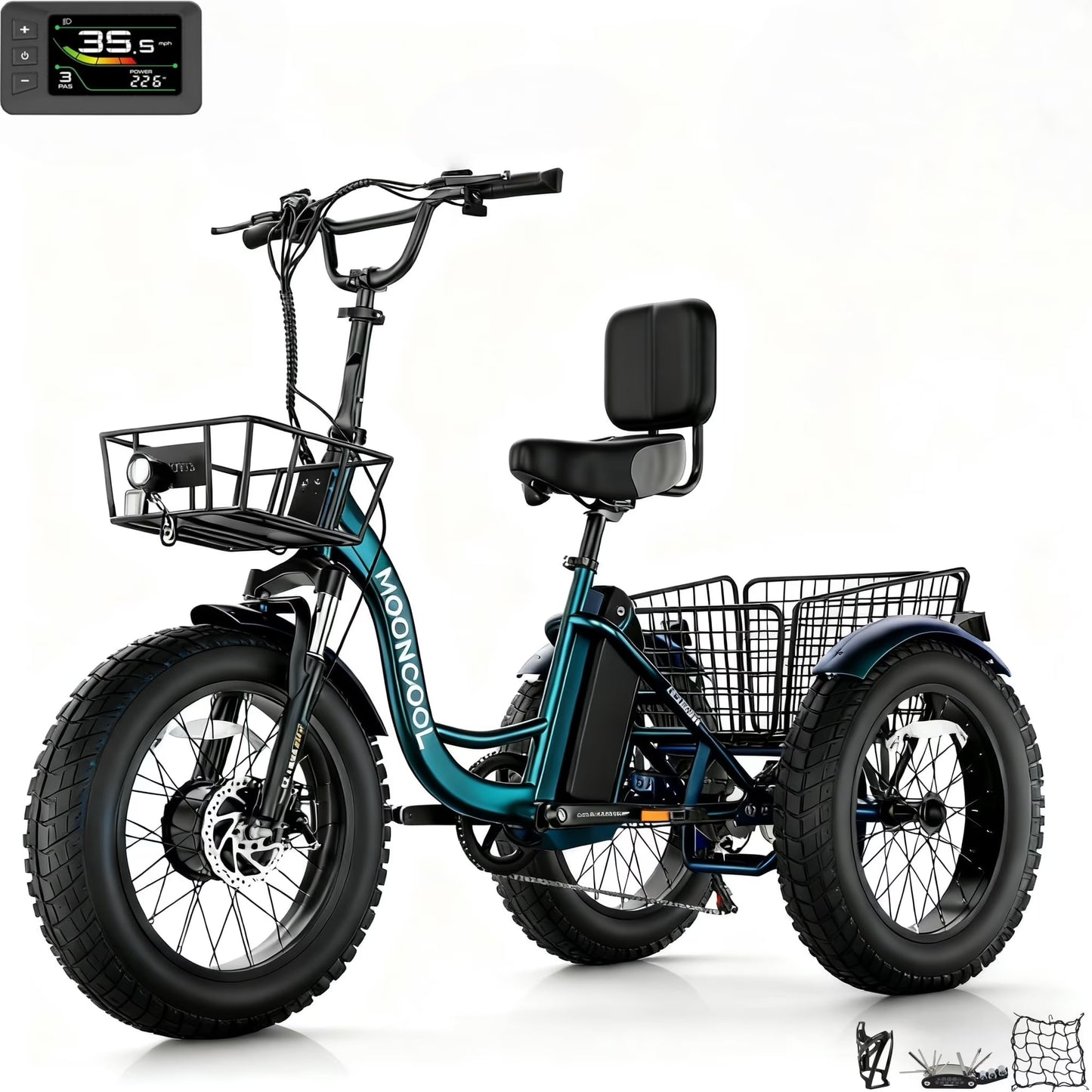 MOONCOOL All-Terrain Electric Tricycle for Adults, 1100w Motor 48V 14.5Ah Battery,7-Speed 20" x 4.0" Fat Tire 3 Wheel Electric Bike , 25-60 miles