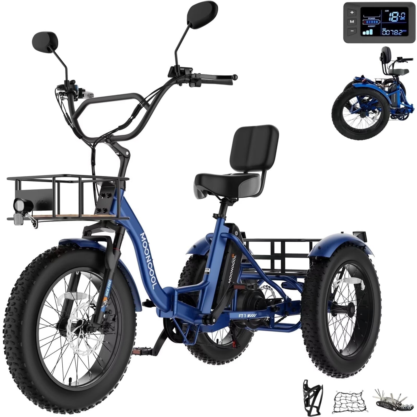 MOONCOOL Folding Electric Tricycle for Adults, 20" x 4" Fat Tire Electric Trike, 48V Peak 1092W Electric Bicycle, 3 Wheels 7 Speed Ebike w/ 14.5Ah Removable Battery& Speed Differential Mechanism