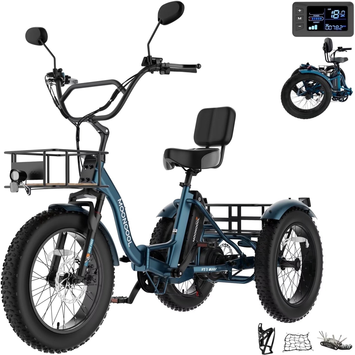 MOONCOOL Folding Electric Tricycle for Adults, 20" x 4" Fat Tire Electric Trike, 48V Peak 1092W Electric Bicycle, 3 Wheels 7 Speed Ebike w/ 14.5Ah Removable Battery& Speed Differential Mechanism