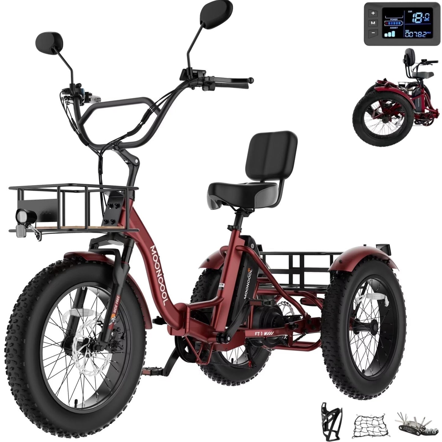 MOONCOOL Folding Electric Tricycle for Adults, 20" x 4" Fat Tire Electric Trike, 48V Peak 1092W Electric Bicycle, 3 Wheels 7 Speed Ebike w/ 14.5Ah Removable Battery& Speed Differential Mechanism
