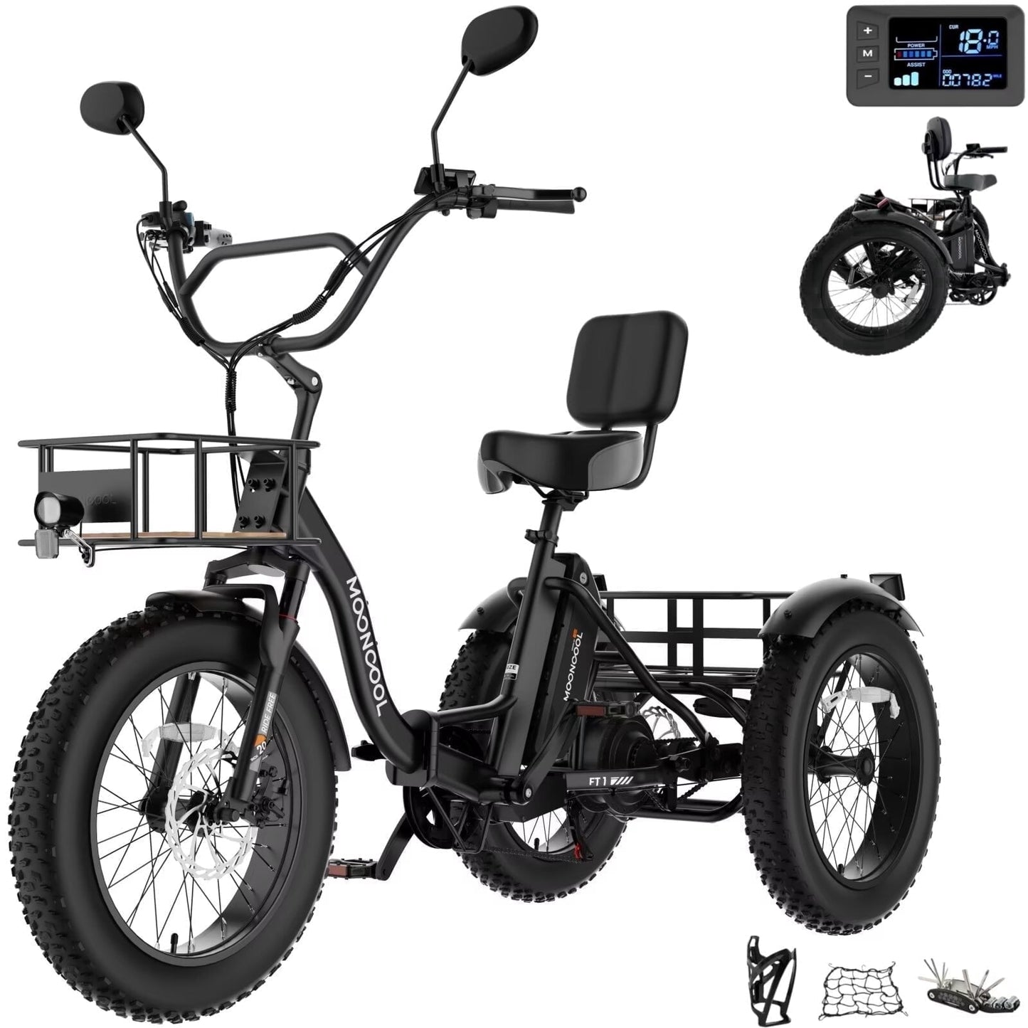 MOONCOOL Folding Electric Tricycle for Adults, 20" x 4" Fat Tire Electric Trike, 48V Peak 1092W Electric Bicycle, 3 Wheels 7 Speed Ebike w/ 14.5Ah Removable Battery& Speed Differential Mechanism