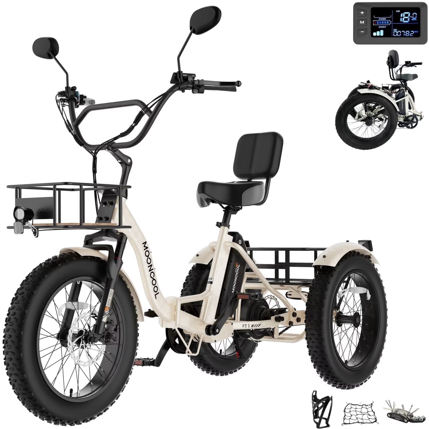 MOONCOOL Folding Electric Tricycle for Adults, 20" x 4" Fat Tire Electric Trike, 48V Peak 1092W Electric Bicycle, 3 Wheels 7 Speed Ebike w/ 14.5Ah Removable Battery& Speed Differential Mechanism