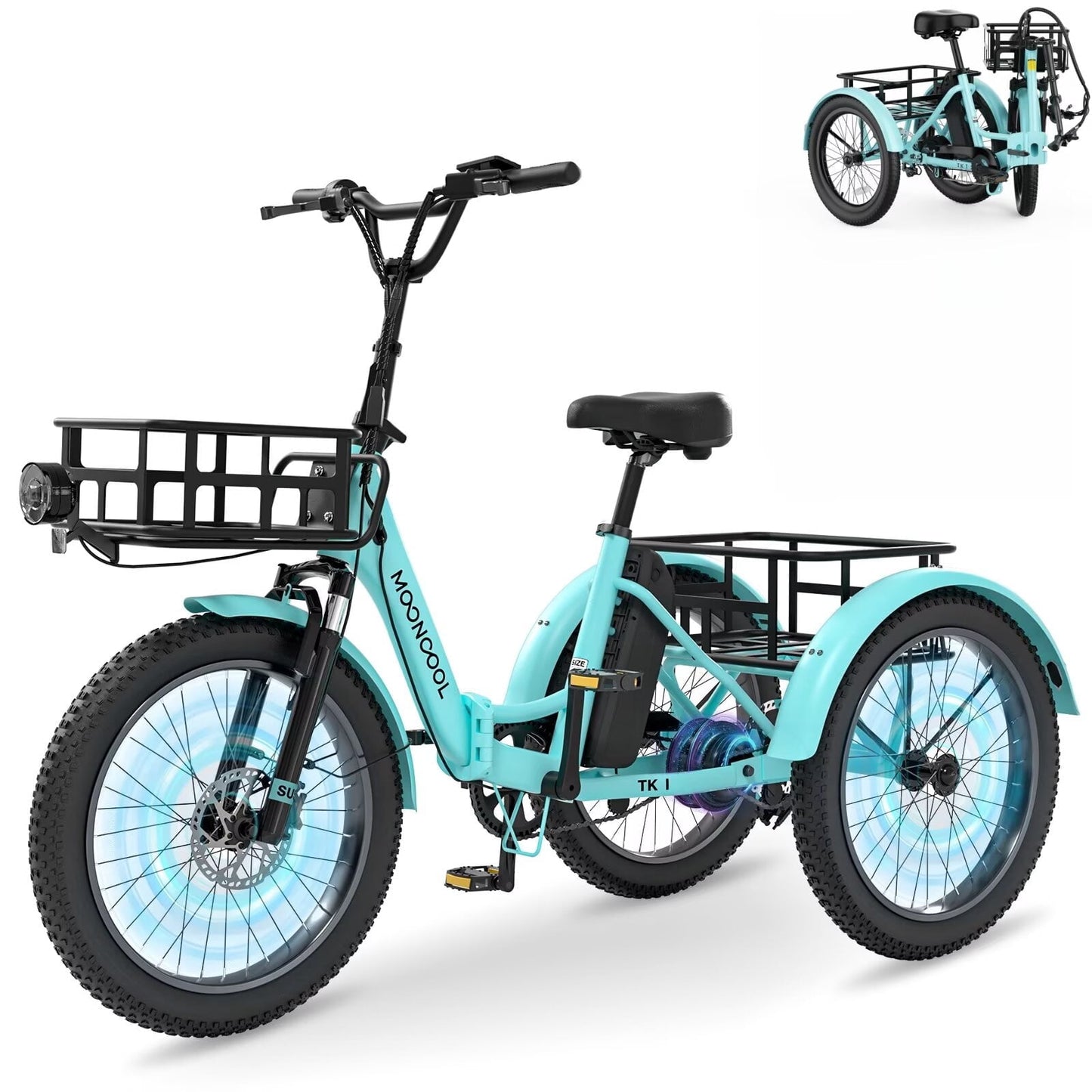 MOONCOOL Electric Tricycle for Adults, 20" Folding 3 Wheels Electric Bicycle, 48V 500W Motorized Three Wheel Ebike w/Aluminum Frame, Removable Battery and Basket