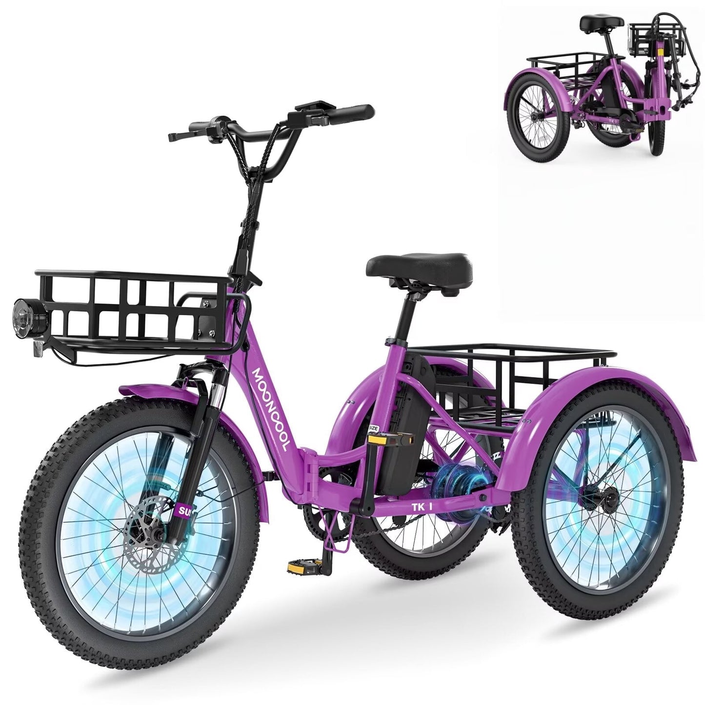 MOONCOOL Electric Tricycle for Adults, 20" Folding 3 Wheels Electric Bicycle, 48V 500W Motorized Three Wheel Ebike w/Aluminum Frame, Removable Battery and Basket
