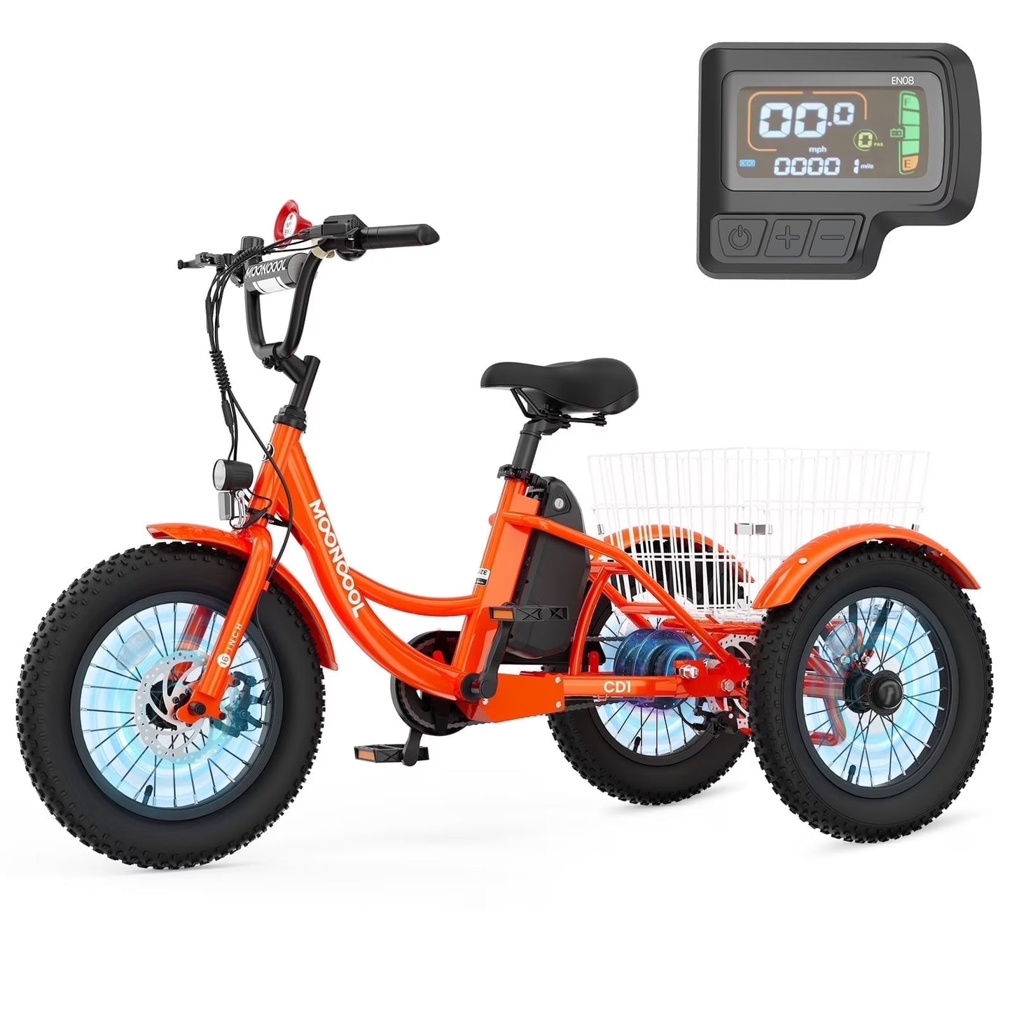 MOONCOOL Electric Tricycle for Kids ,16"x3" 3 Wheel 250W 10.4Ah Etrike W/ LED headlight & Rear Basket & horn bell & DIY stickers，6/9/12.5 MPH