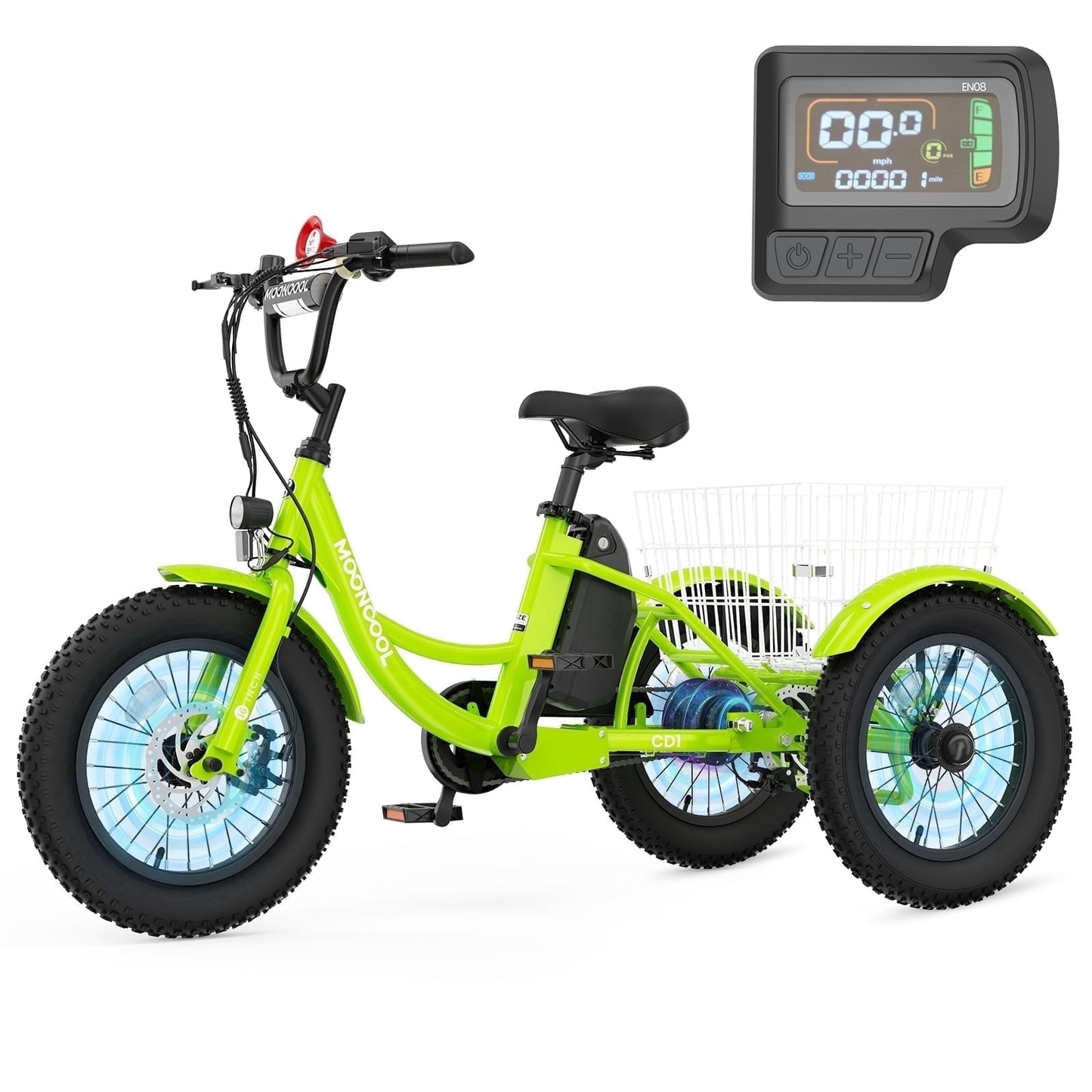 MOONCOOL Electric Tricycle for Kids ,16"x3" 3 Wheel 250W 10.4Ah Etrike W/ LED headlight & Rear Basket & horn bell & DIY stickers，6/9/12.5 MPH