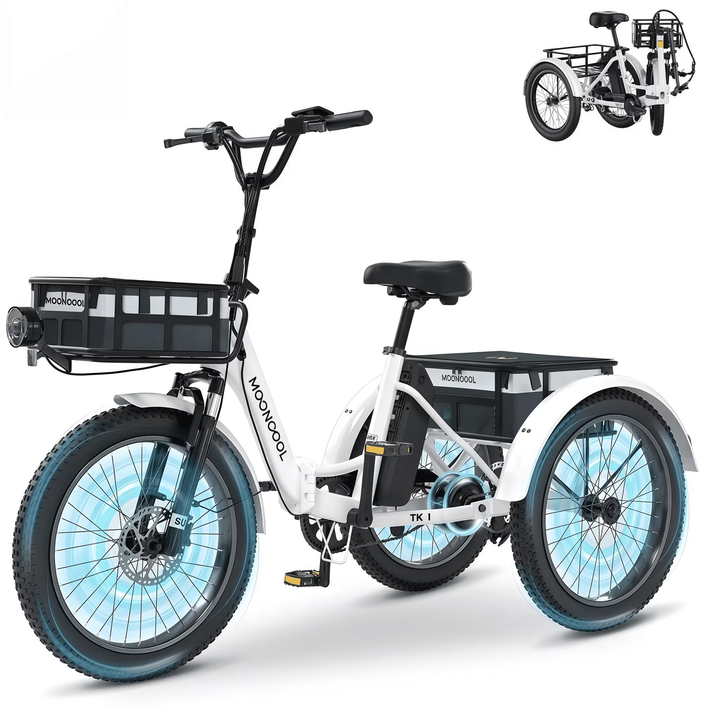 MOONCOOL TK1 Folding Electric Tricycle for Adults,48V 14.5Ah Removable battery, 1000W Motor, 20" Fat Tire Step-Thru 3 Wheel Electric Bicycle W/ Front & Rear Storage Bag Kit